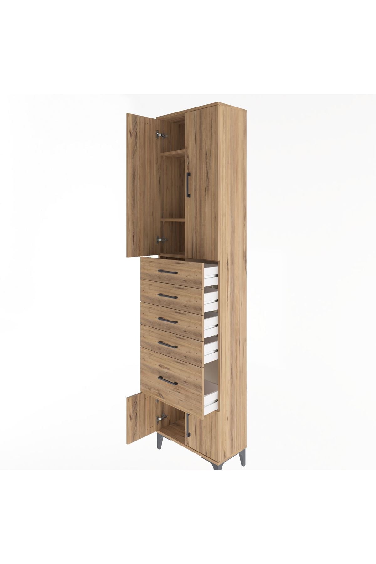 Arges Dolap 3 Raflı 5 Çekmeceli 4 Kapaklı 60x30x243 Çam-Çam