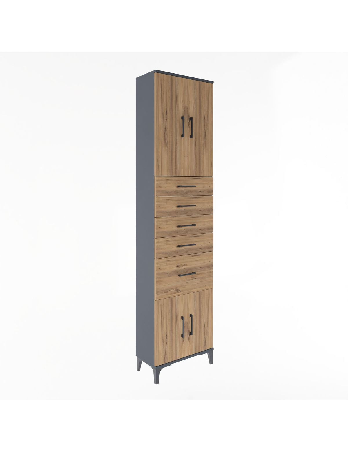 Arges Dolap 2 Raflı 5 Çekmeceli 4 Kapaklı 60x30x243 Antrasit-Çam