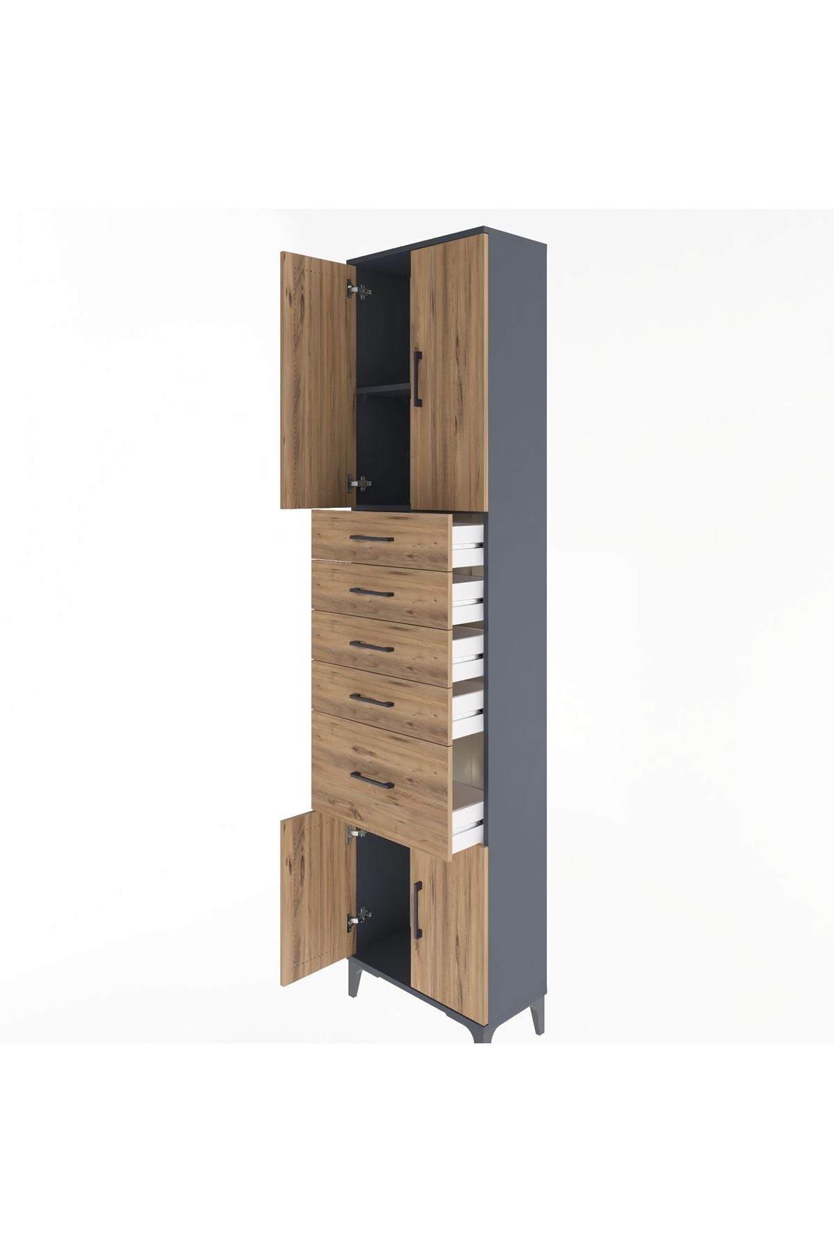 Arges Dolap 2 Raflı 5 Çekmeceli 4 Kapaklı 60x30x243 Antrasit-Çam