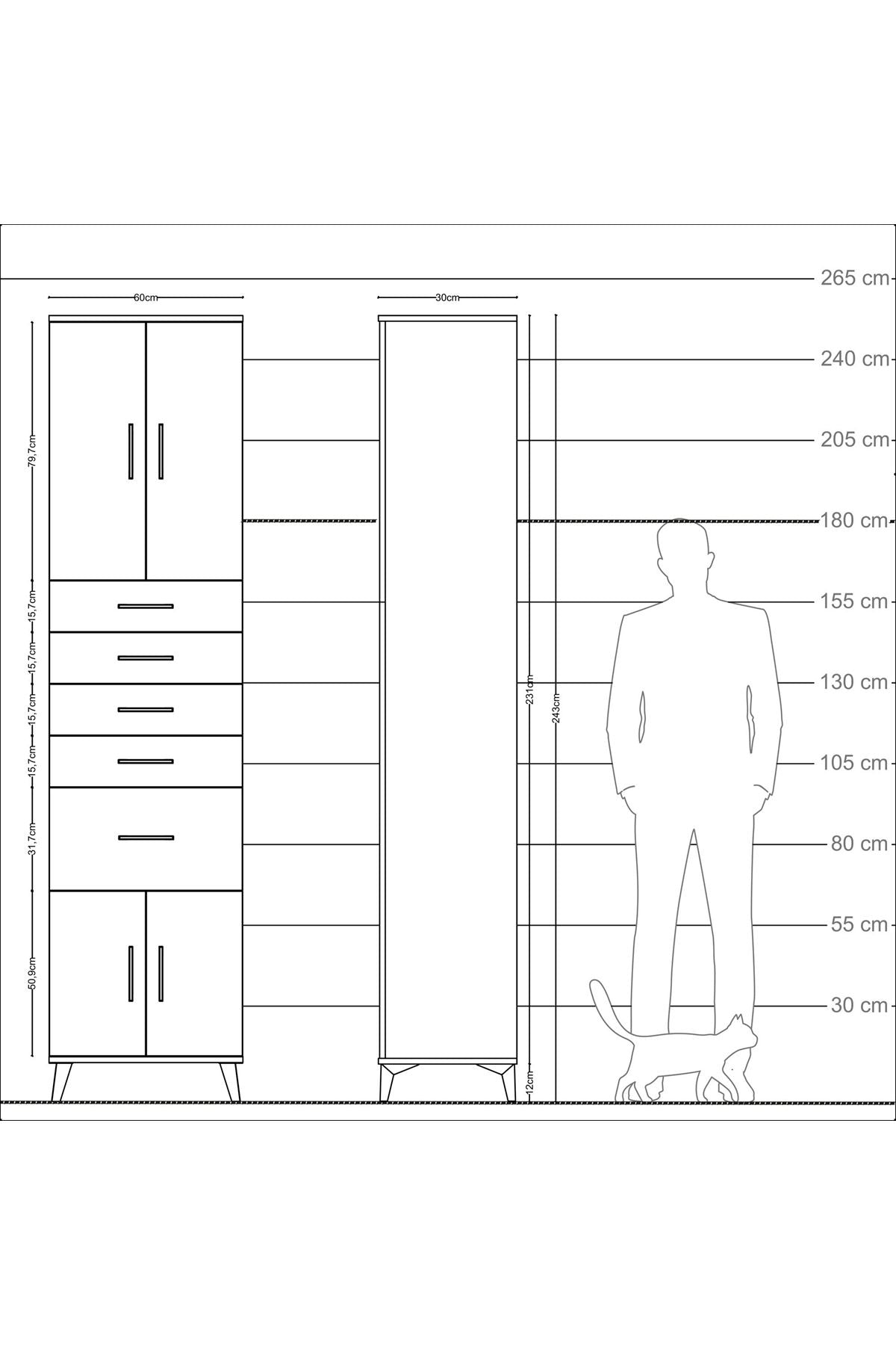 Arges Dolap 2 Raflı 5 Çekmeceli 4 Kapaklı 60x30x243 Çam-Aytaşı