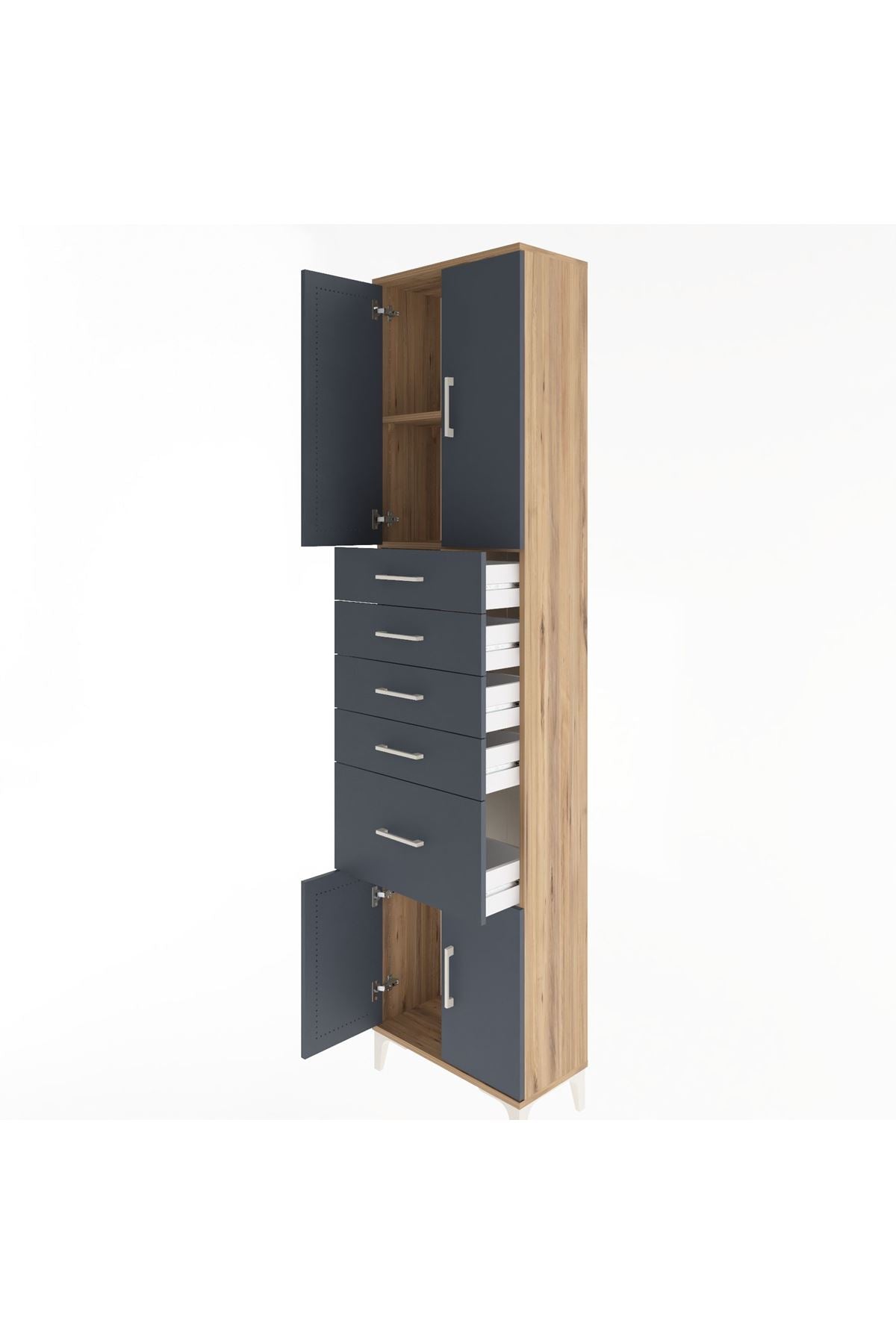 Arges Dolap 2 Raflı 5 Çekmeceli 4 Kapaklı 60x30x243 Çam-Antrasit