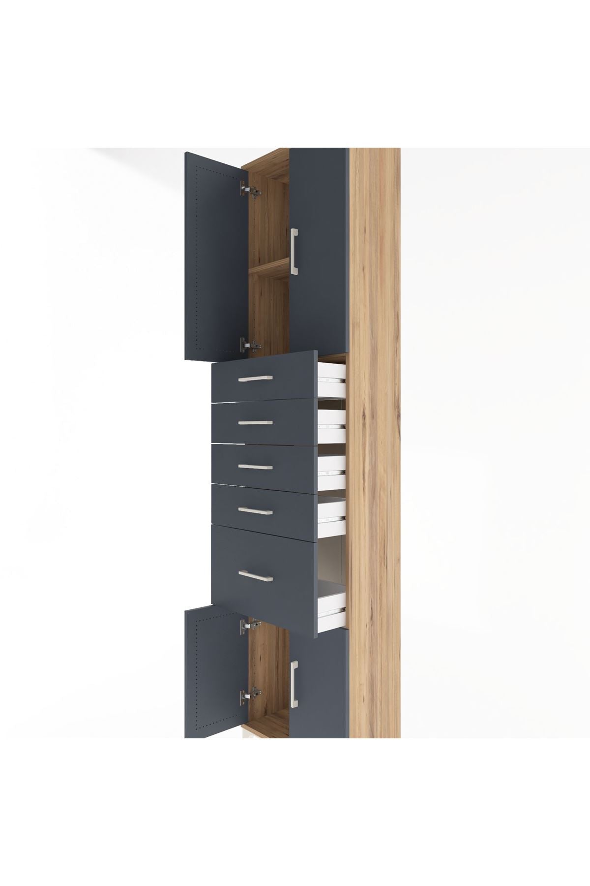 Arges Dolap 2 Raflı 5 Çekmeceli 4 Kapaklı 60x30x243 Çam-Antrasit