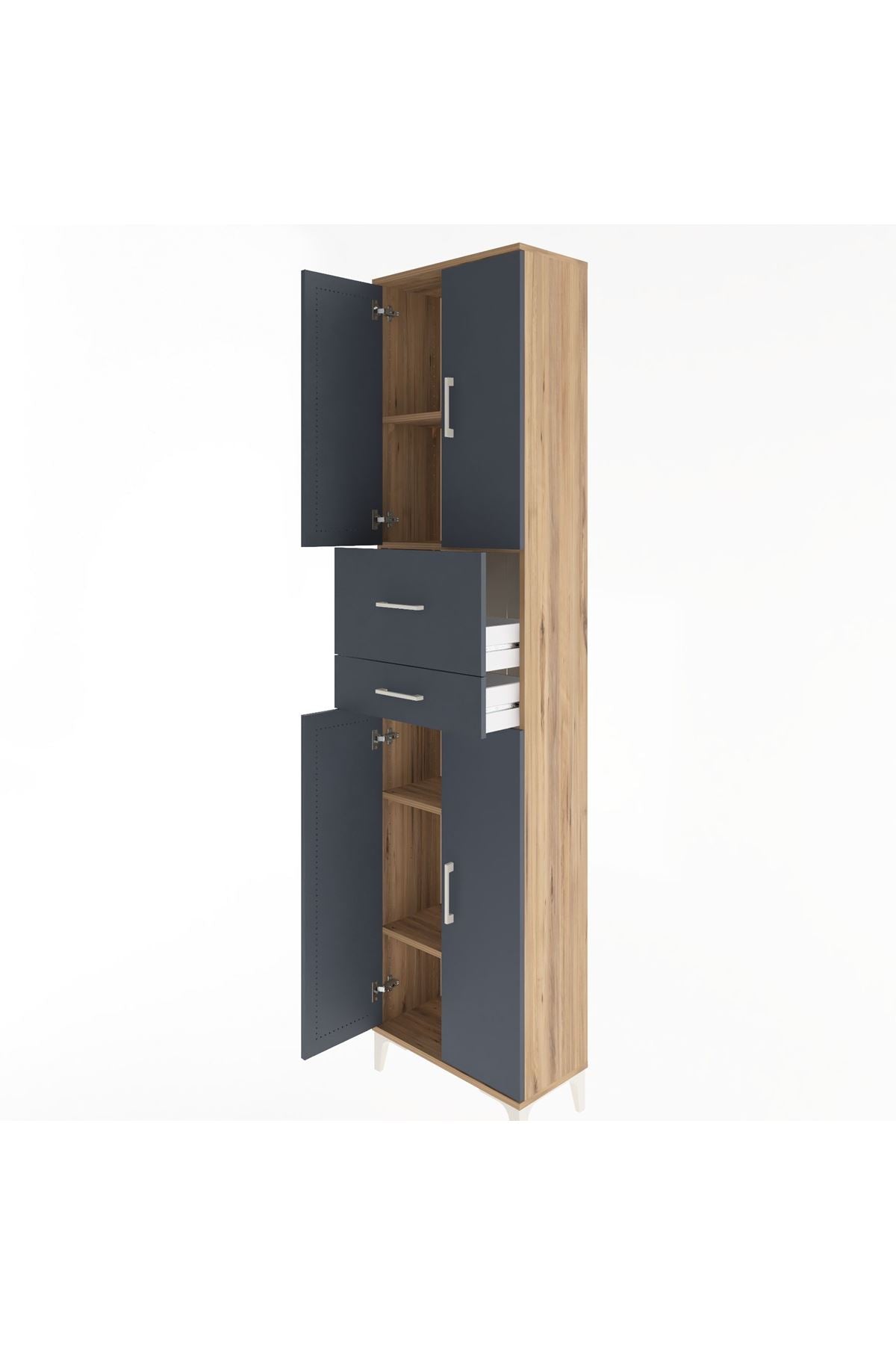 Arges Dolap 4 Raflı 2 Çekmeceli 4 Kapaklı 60x30x243 Çam-Antrasit