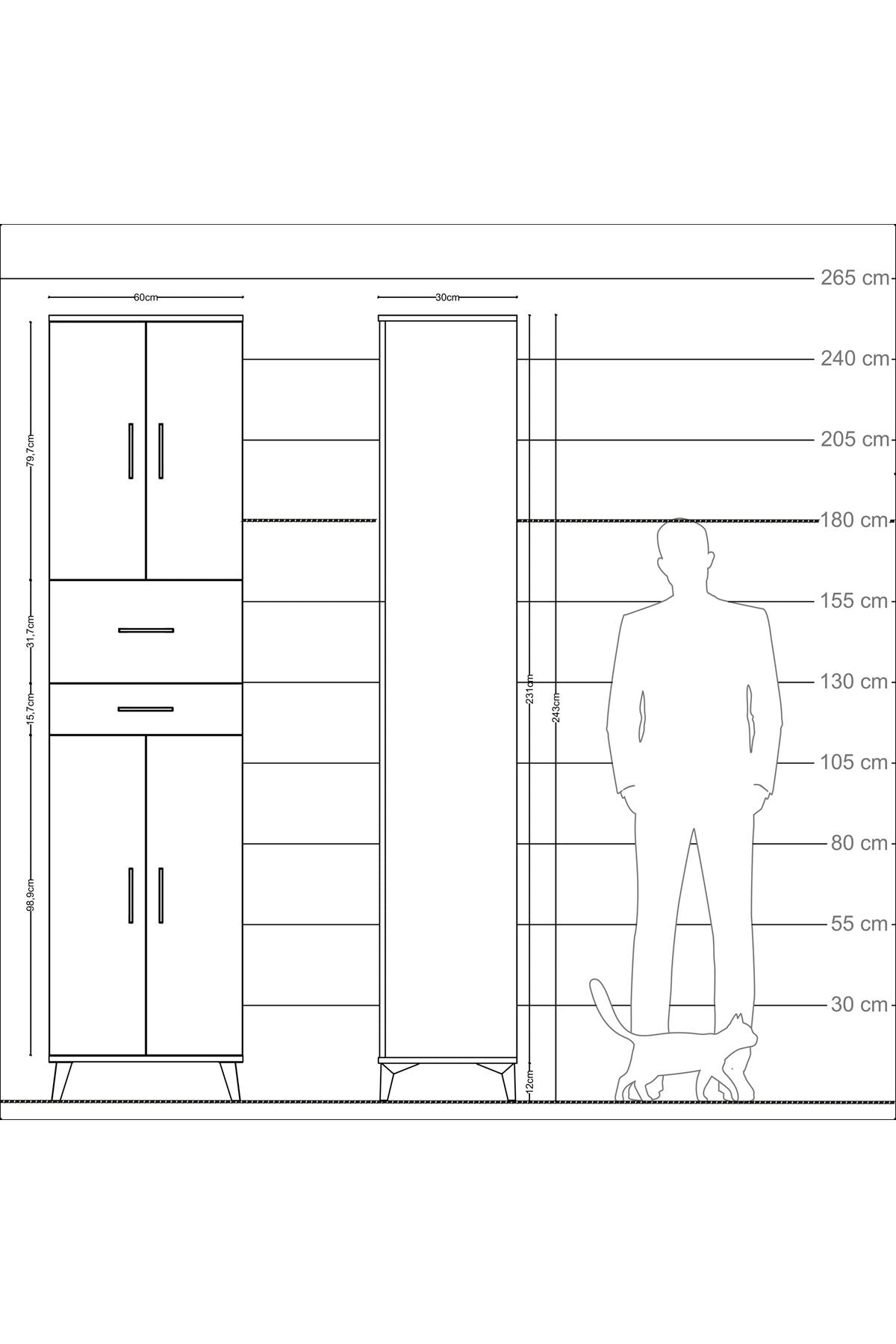 Arges Dolap 4 Raflı 2 Çekmeceli 4 Kapaklı 60x30x243 Çam-Çam