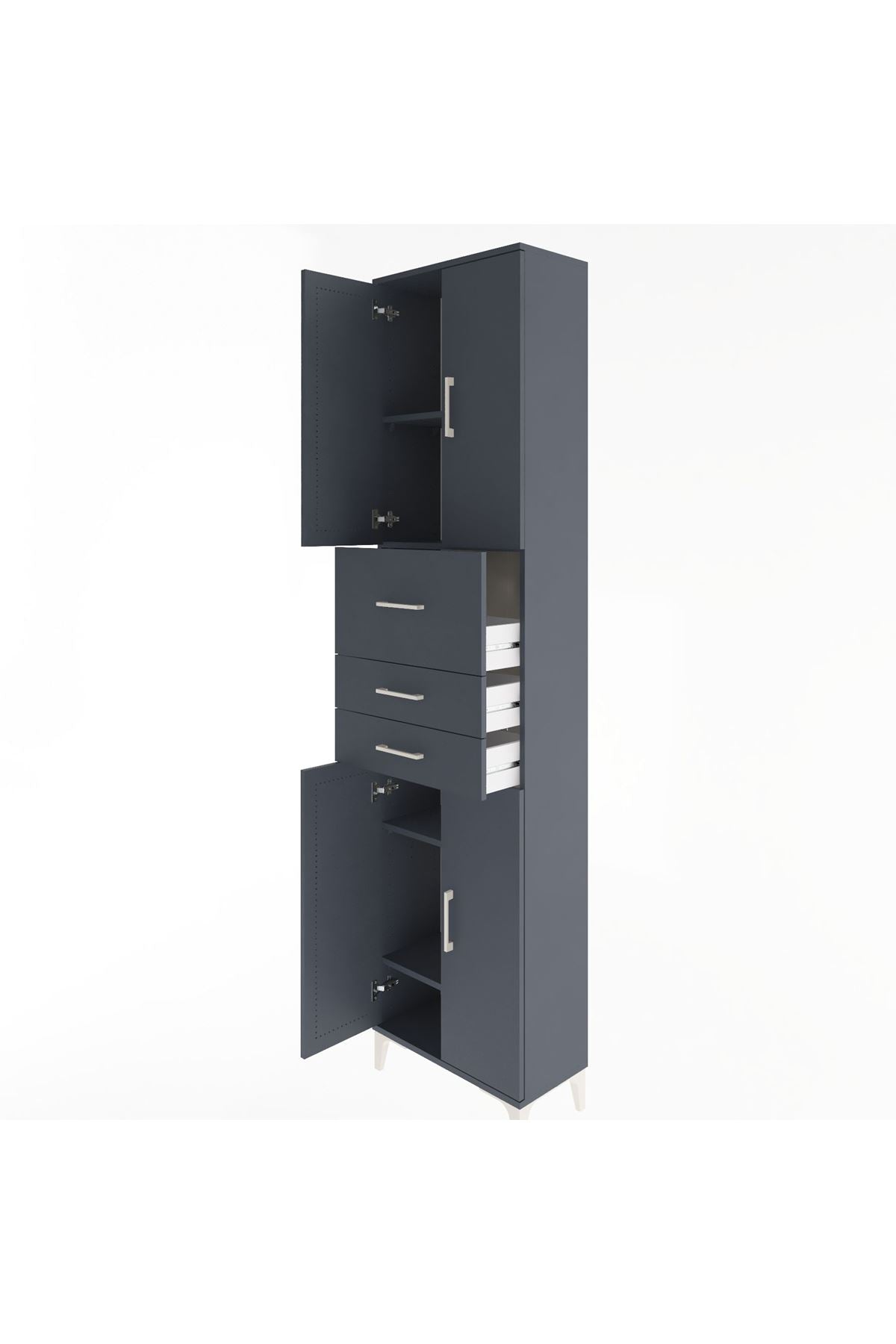 Arges Dolap 4 Raflı 3 Çekmeceli 4 Kapaklı 60x30x243 Antrasit-Antrasit