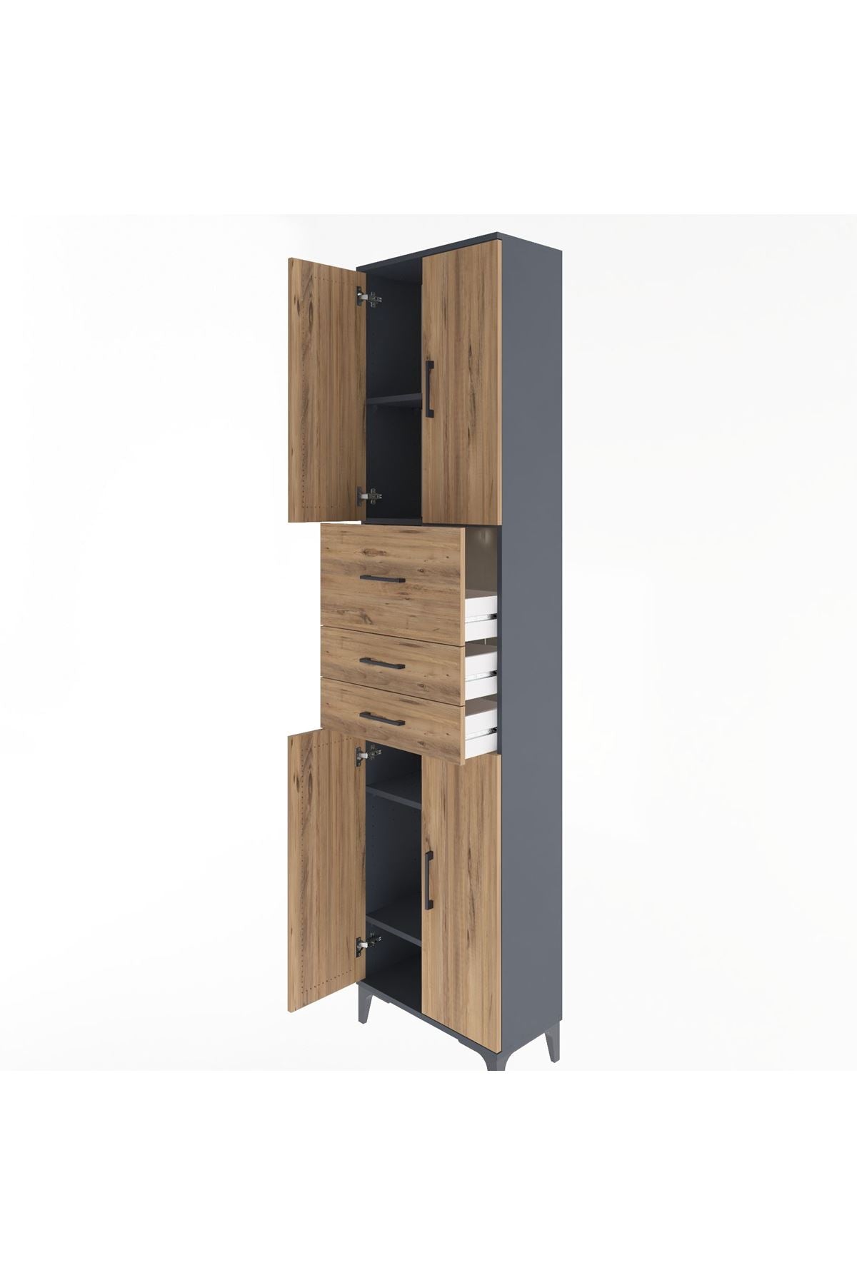 Arges Dolap 4 Raflı 3 Çekmeceli 4 Kapaklı 60x30x243 Antrasit-Çam