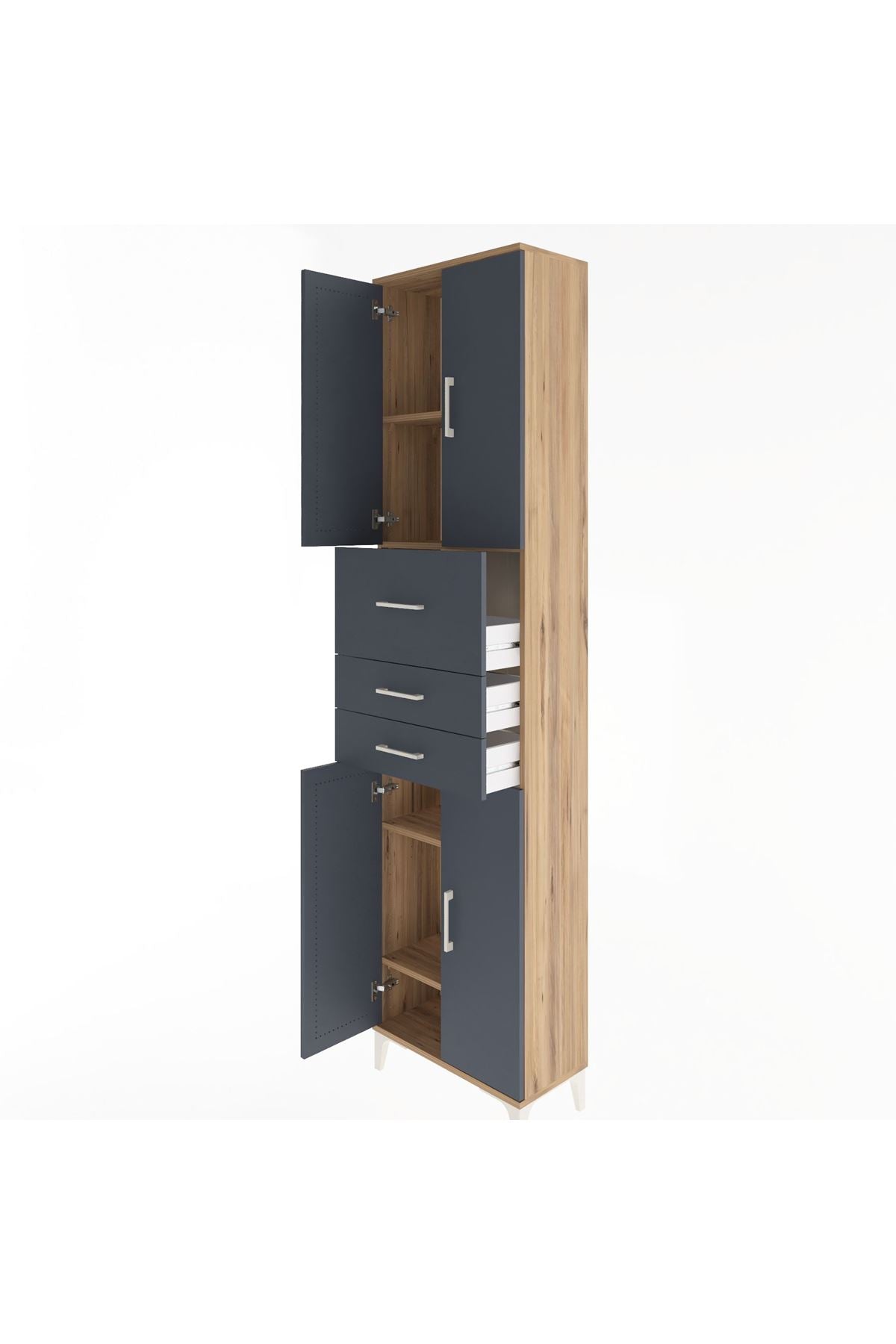 Arges Dolap 4 Raflı 3 Çekmeceli 4 Kapaklı 60x30x243 Çam-Antrasit