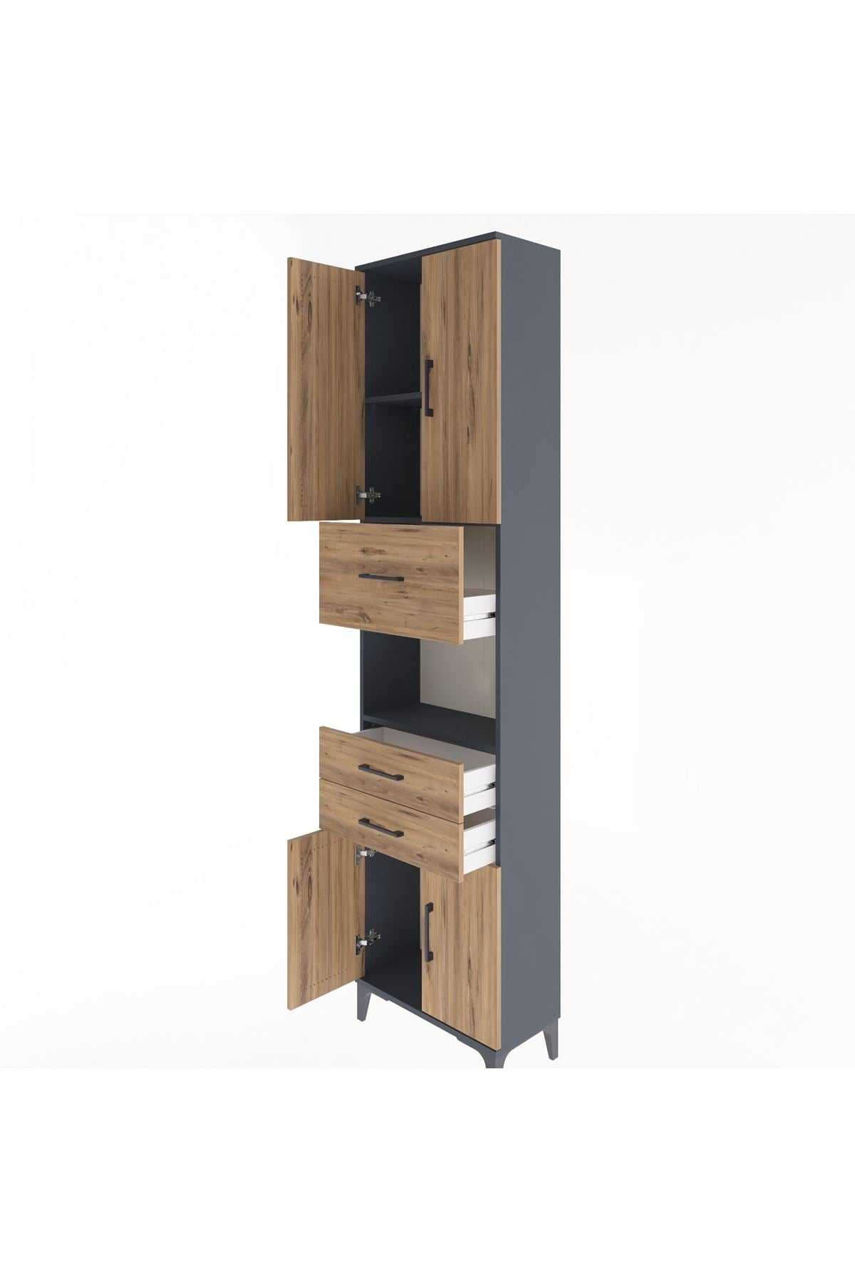 Arges Dolap 3 Raflı 3 Çekmeceli 4 Kapaklı 60x30x243 Antrasit-Çam