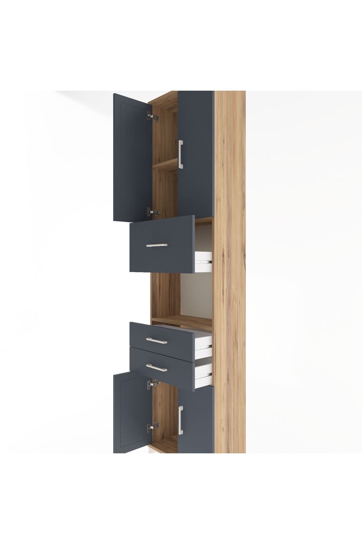 Arges Dolap 3 Raflı 3 Çekmeceli 4 Kapaklı 60x30x243 Çam-Antrasit