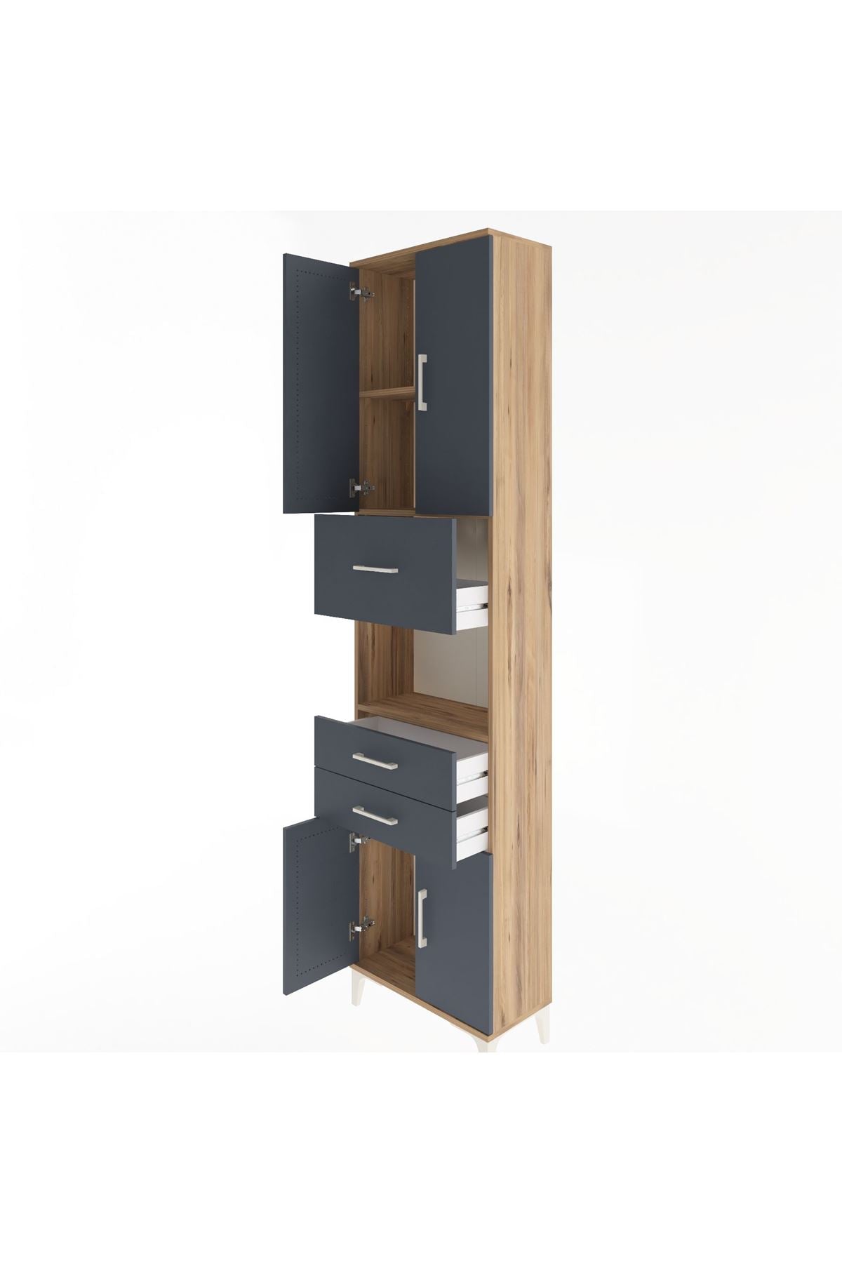 Arges Dolap 3 Raflı 3 Çekmeceli 4 Kapaklı 60x30x243 Çam-Antrasit