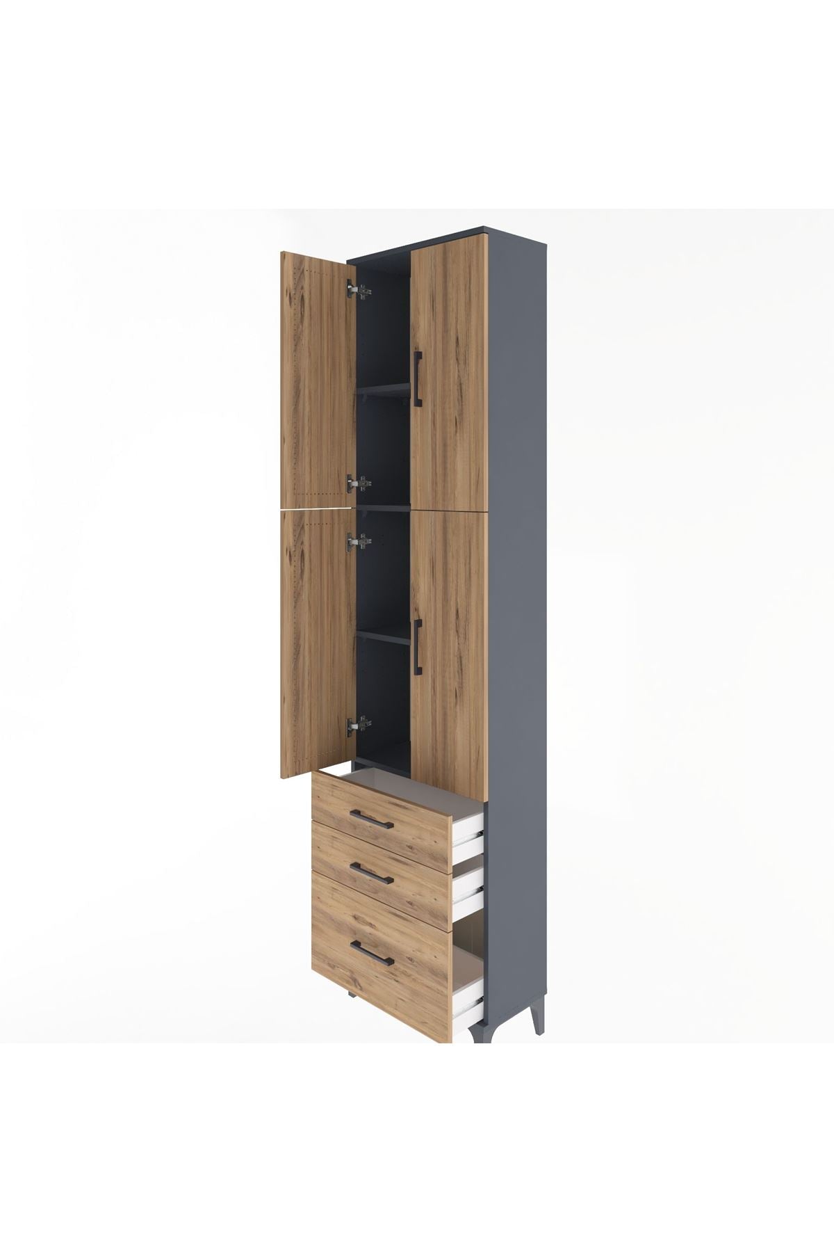 Arges Dolap 4 Raflı 3 Çekmeceli 4 Kapaklı 60x30x243 Antrasit-Çam