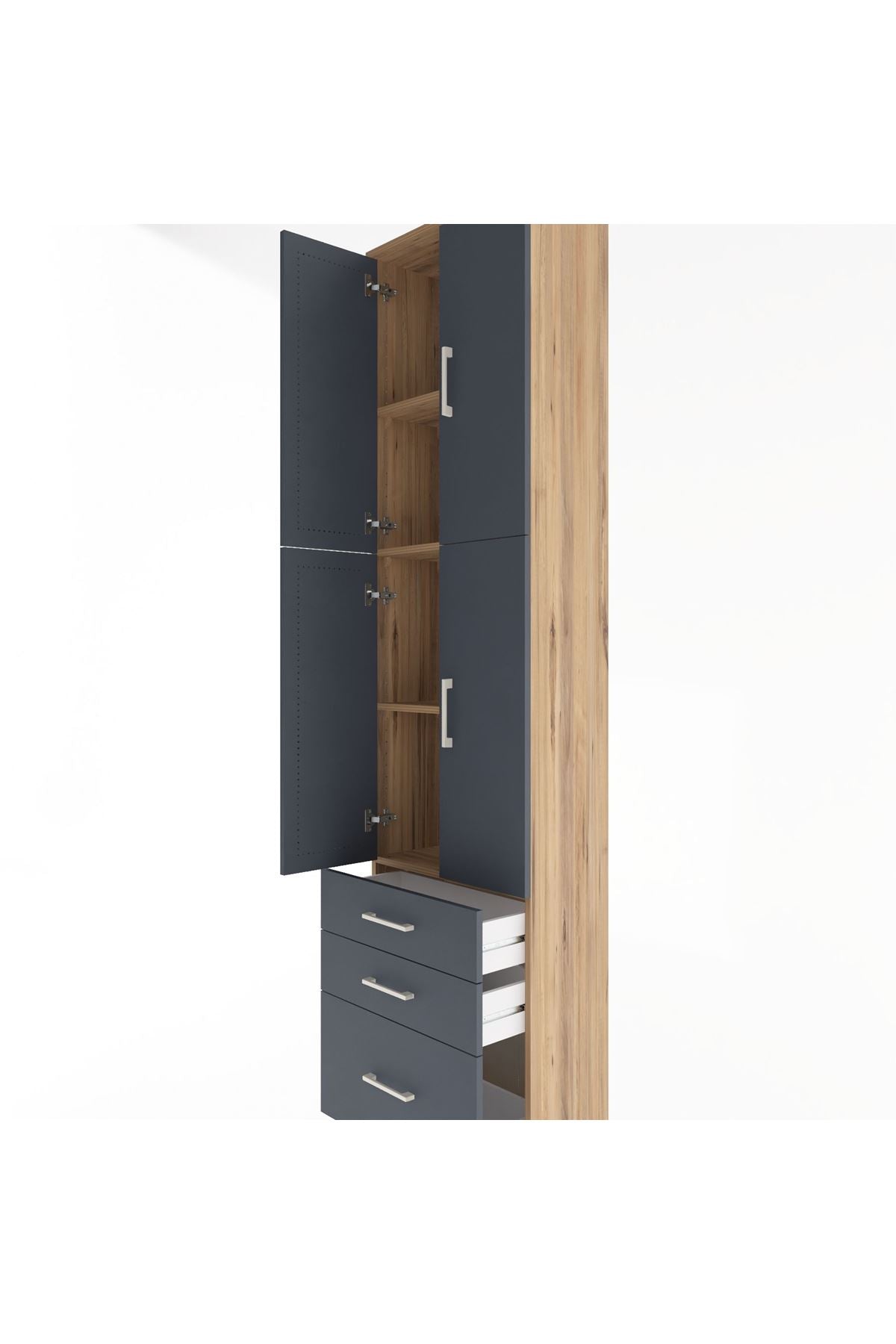 Arges Dolap 4 Raflı 3 Çekmeceli 4 Kapaklı 60x30x243 Çam-Antrasit