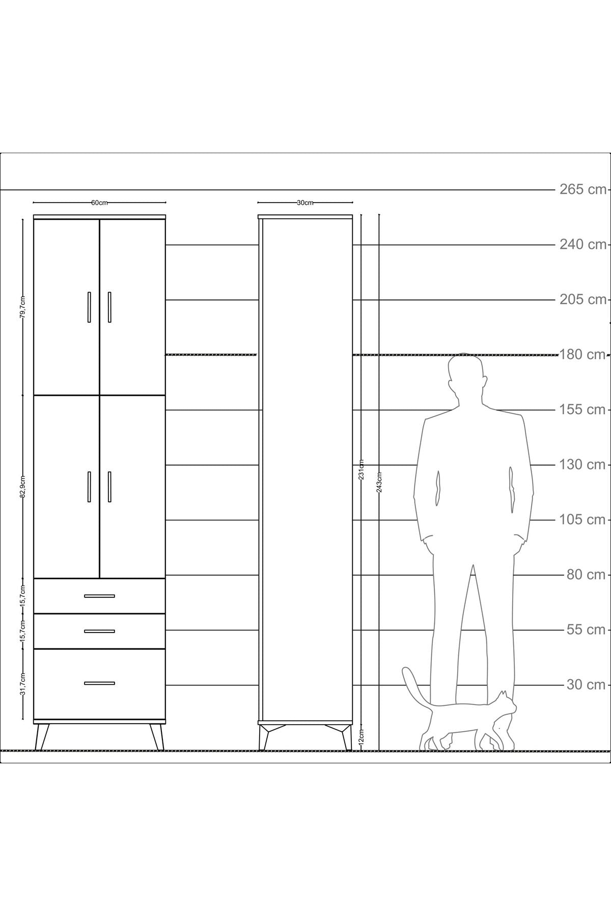 Arges Dolap 4 Raflı 3 Çekmeceli 4 Kapaklı 60x30x243 Çam-Çam