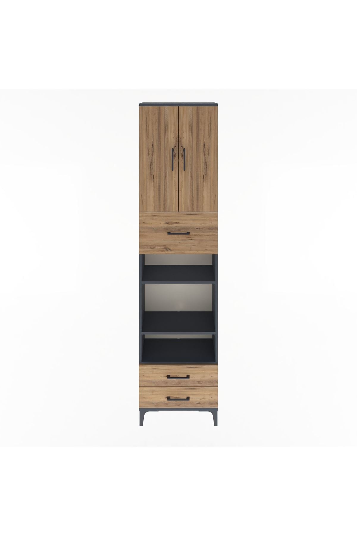 Arges Dolap 5 Raflı 3 Çekmeceli 2 Kapaklı 60x30x243 Antrasit-Çam