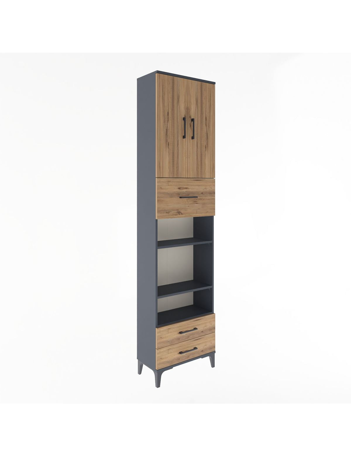 Arges Dolap 5 Raflı 3 Çekmeceli 2 Kapaklı 60x30x243 Antrasit-Çam