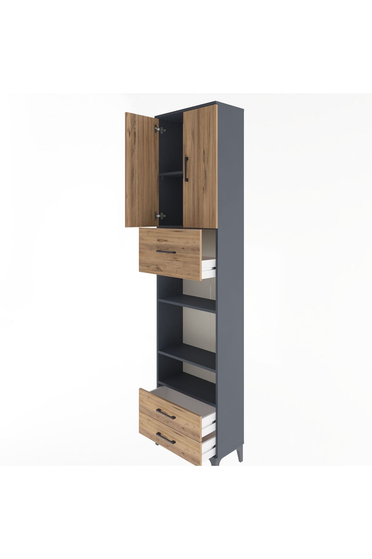 Arges Dolap 5 Raflı 3 Çekmeceli 2 Kapaklı 60x30x243 Antrasit-Çam
