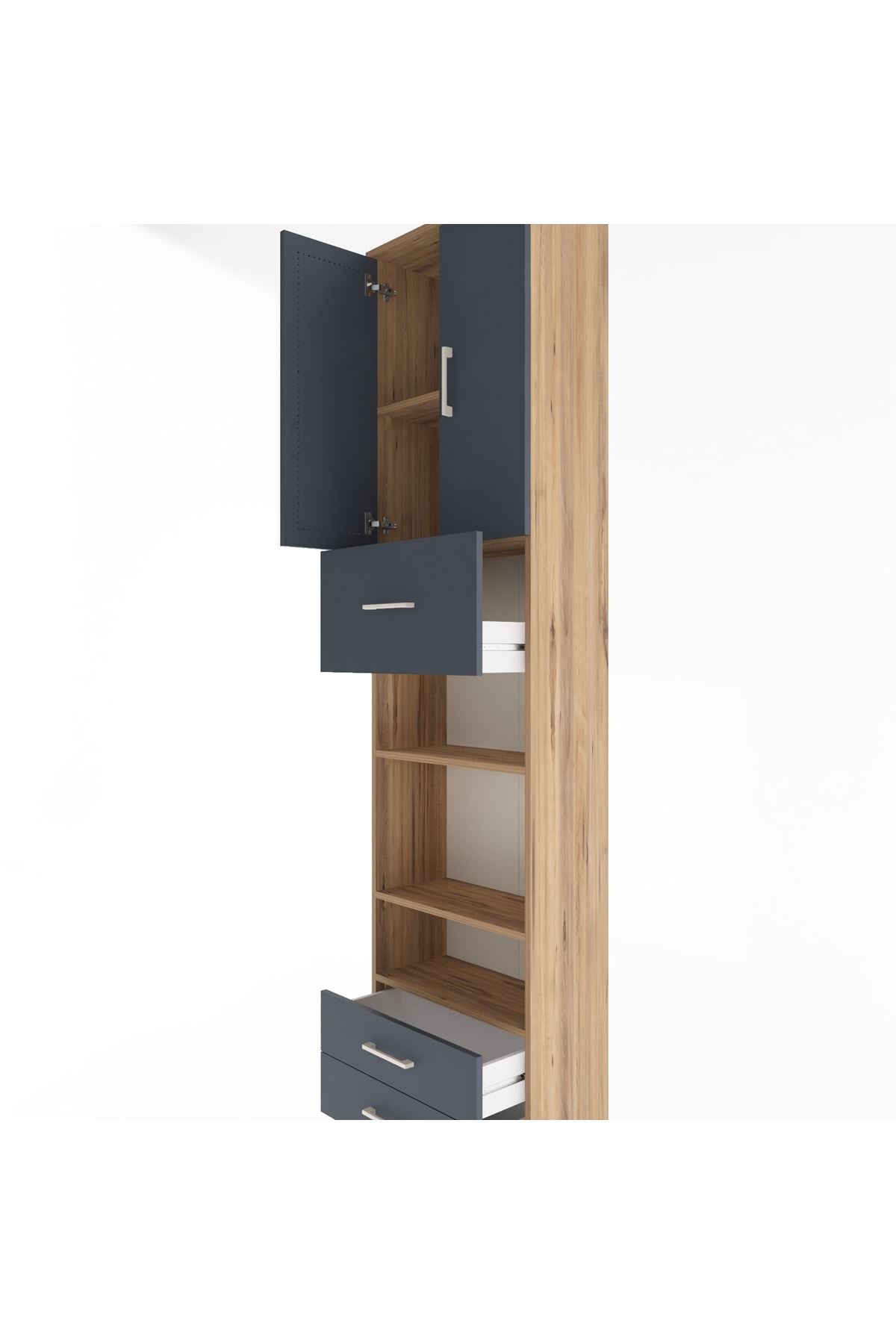 Arges Dolap 5 Raflı 3 Çekmeceli 2 Kapaklı 60x30x243 Çam-Antrasit