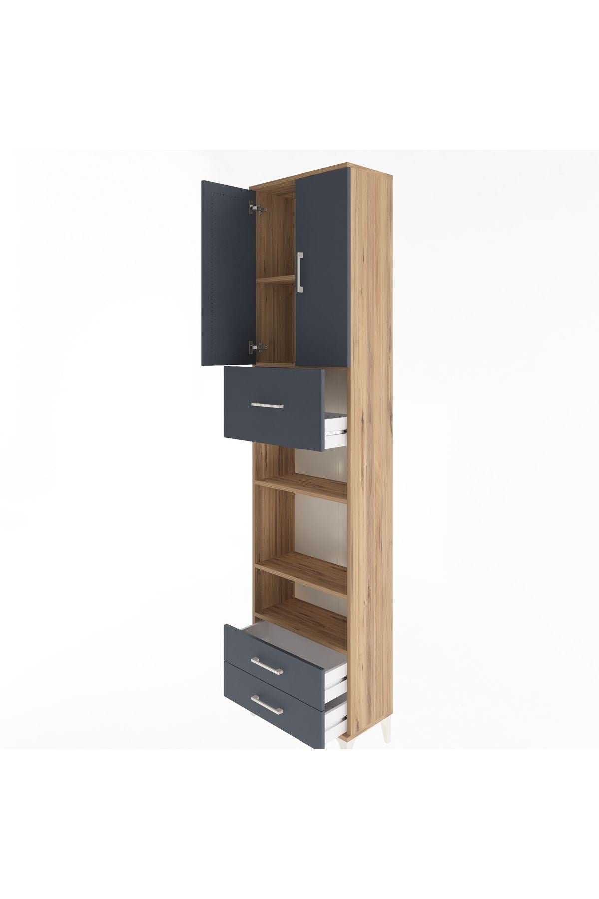 Arges Dolap 5 Raflı 3 Çekmeceli 2 Kapaklı 60x30x243 Çam-Antrasit