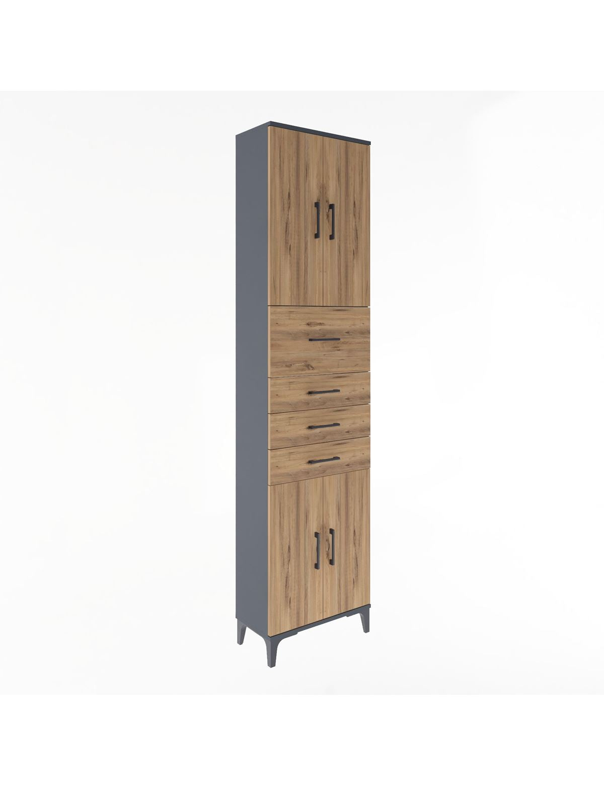 Arges Dolap 3 Raflı 4 Çekmeceli 4 Kapaklı 60x30x243 Antrasit-Çam