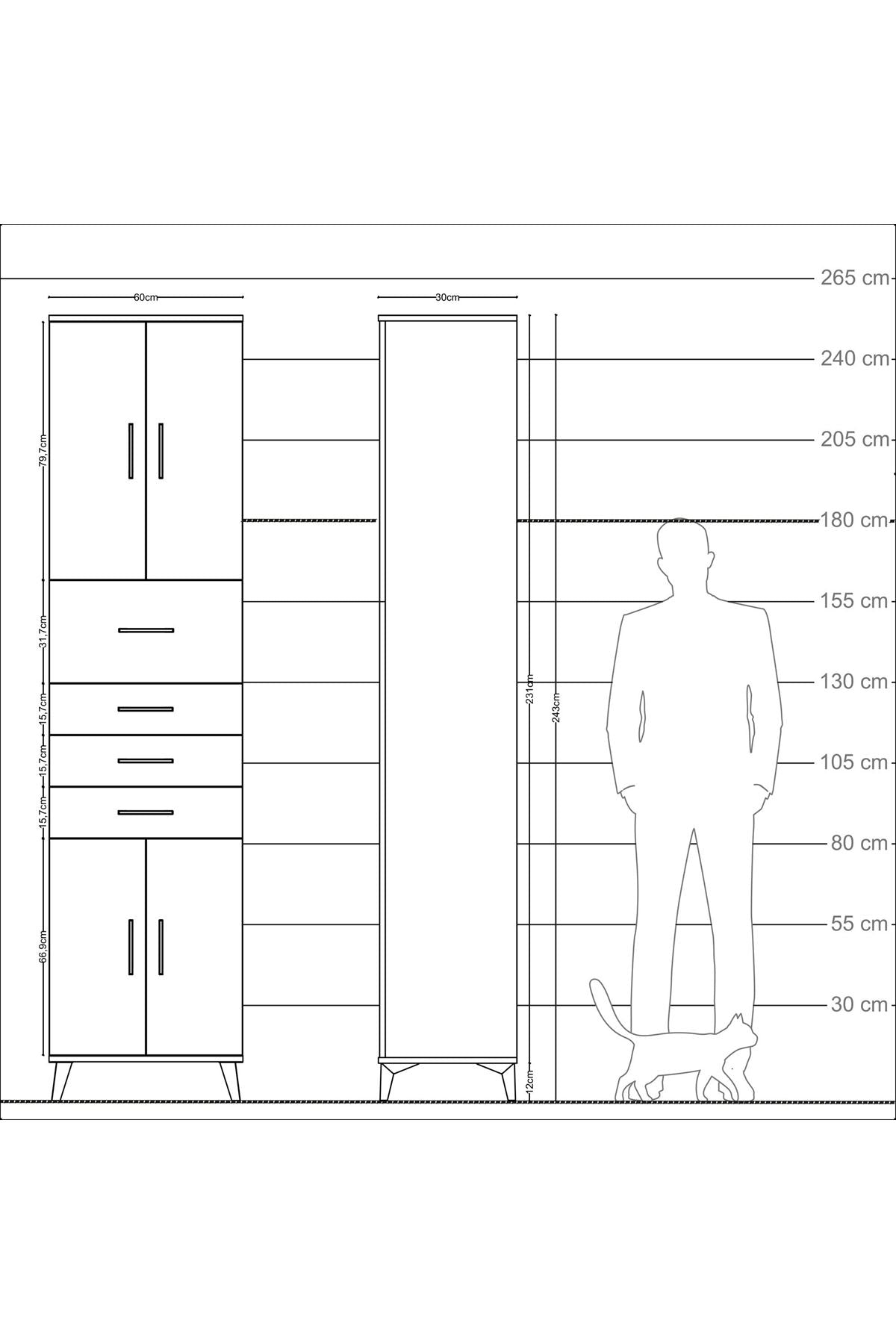 Arges Dolap 3 Raflı 4 Çekmeceli 4 Kapaklı 60x30x243 Çam-Aytaşı