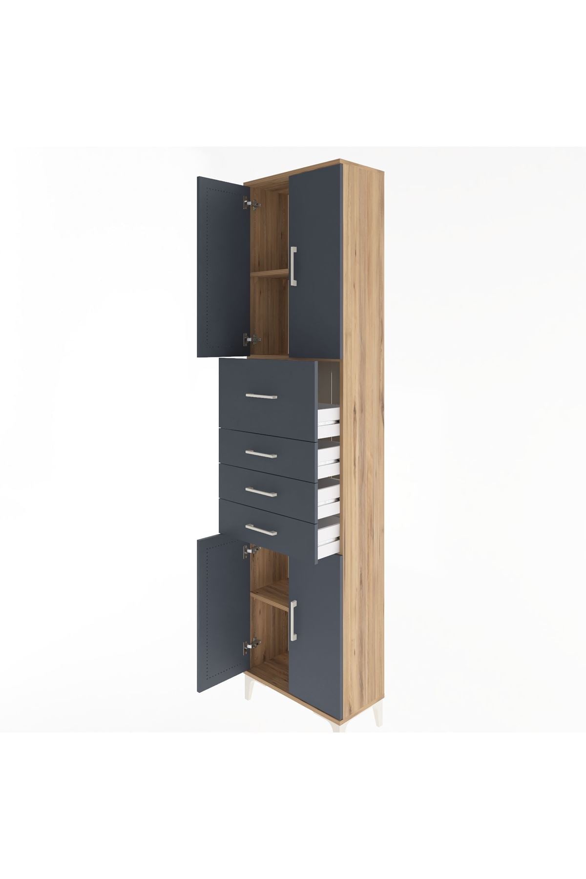 Arges Dolap 3 Raflı 4 Çekmeceli 4 Kapaklı 60x30x243 Çam-Antrasit