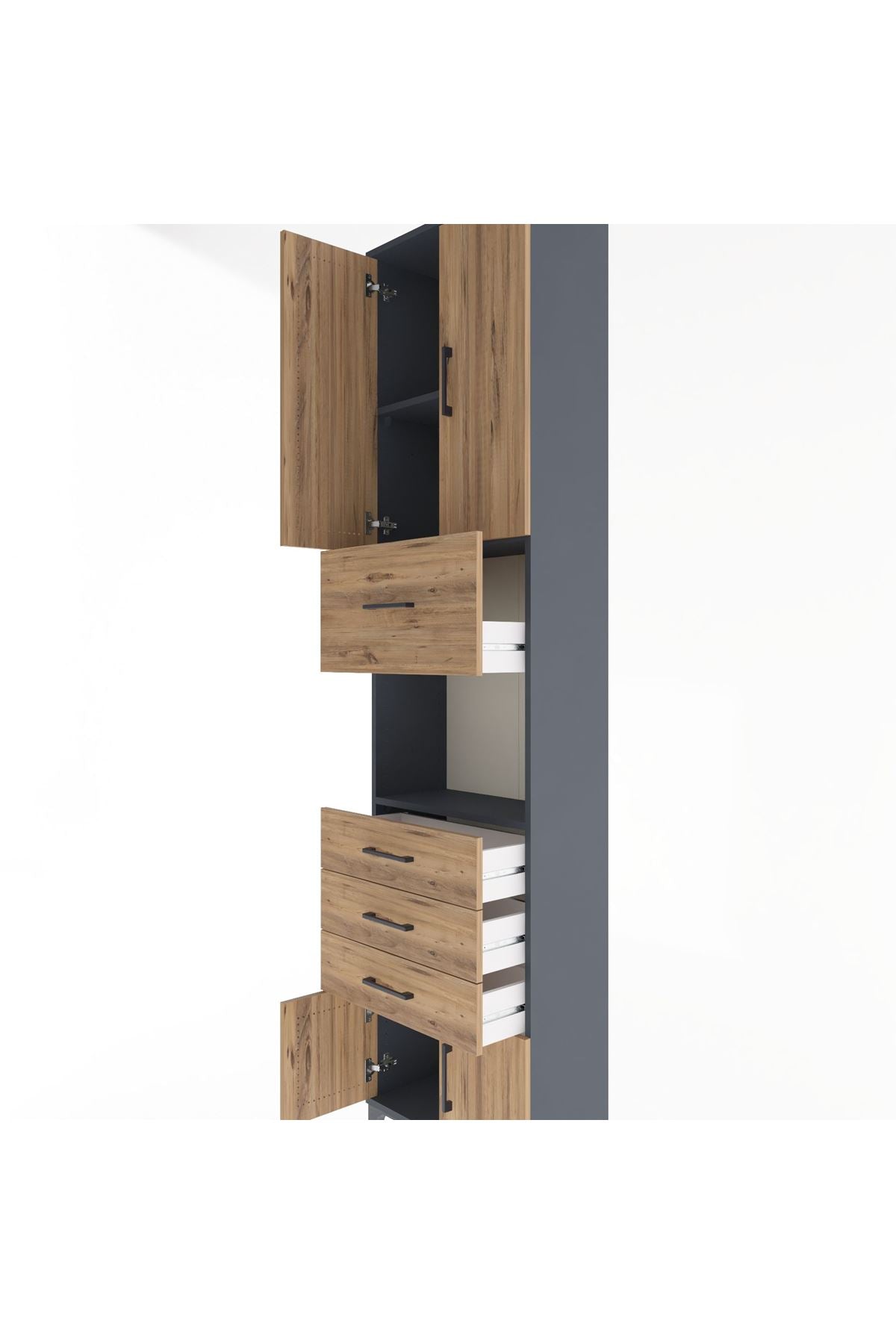 Arges Dolap 3 Raflı 4 Çekmeceli 4 Kapaklı 60x30x243 Antrasit-Çam