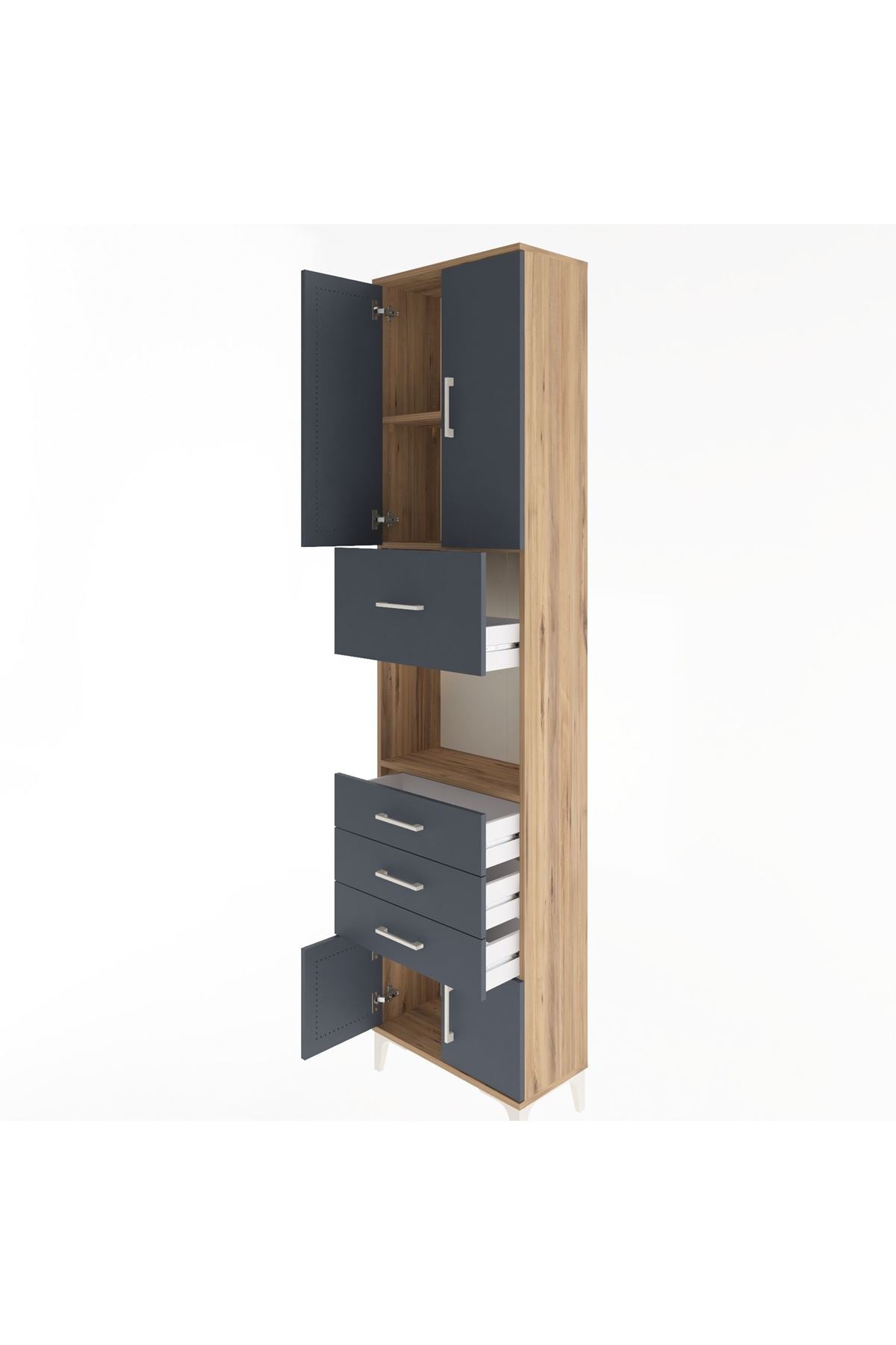 Arges Dolap 3 Raflı 4 Çekmeceli 4 Kapaklı 60x30x243 Çam-Antrasit