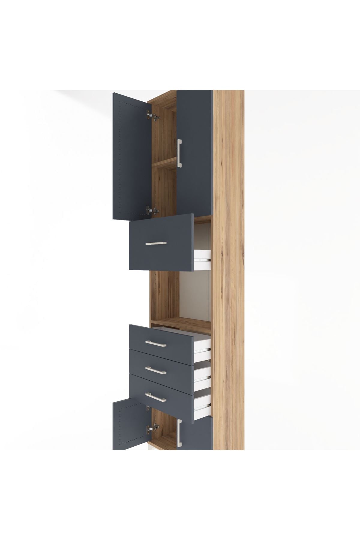 Arges Dolap 3 Raflı 4 Çekmeceli 4 Kapaklı 60x30x243 Çam-Antrasit