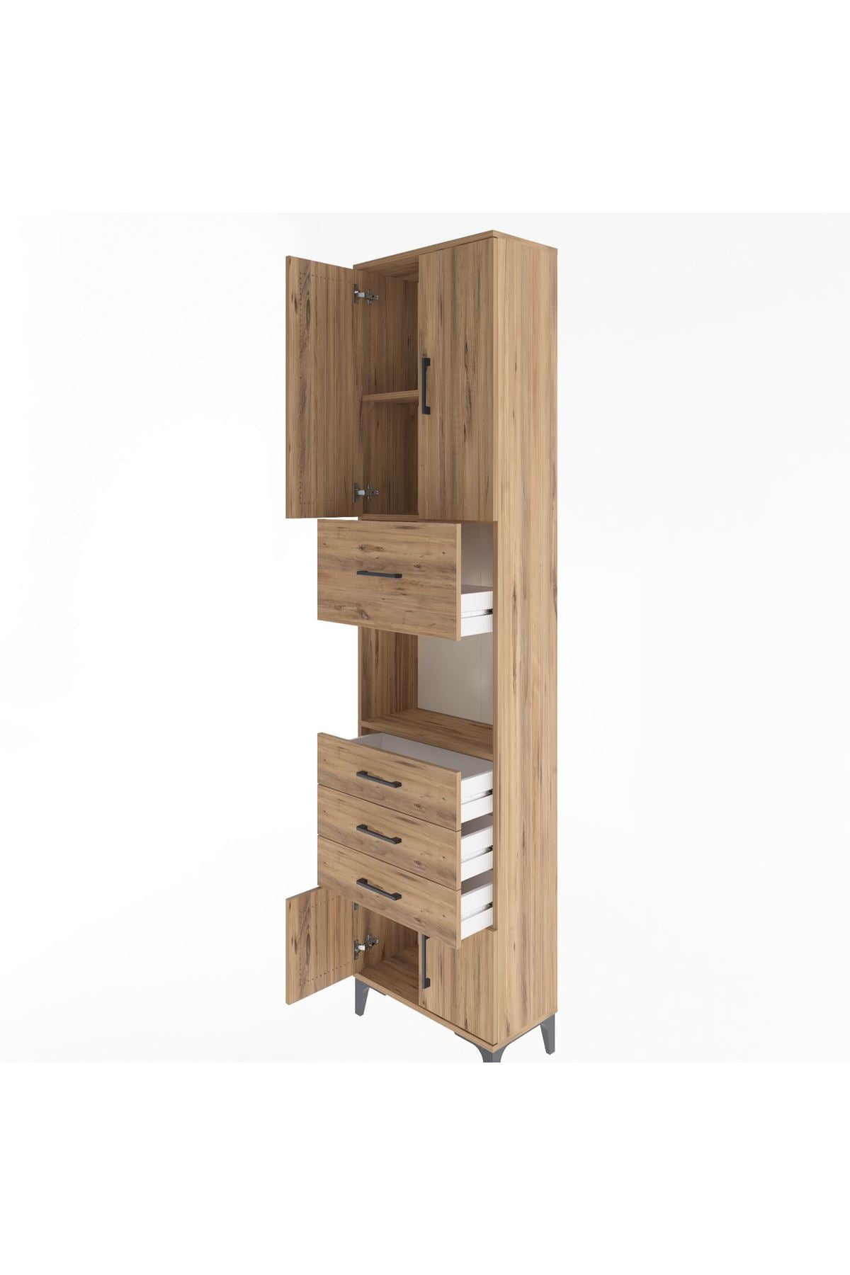 Arges Dolap 3 Raflı 4 Çekmeceli 4 Kapaklı 60x30x243 Çam-Çam