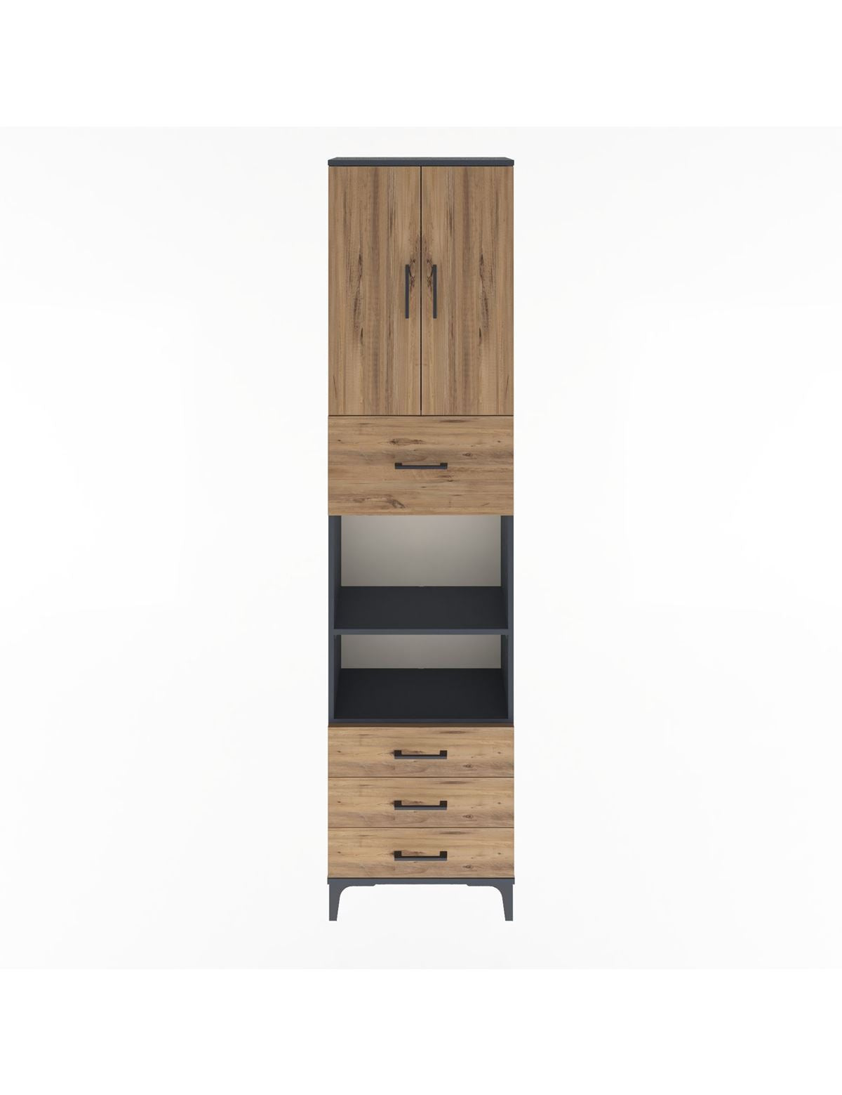 Arges Dolap 4 Raflı 4 Çekmeceli 2 Kapaklı 60x30x243 Antrasit-Çam