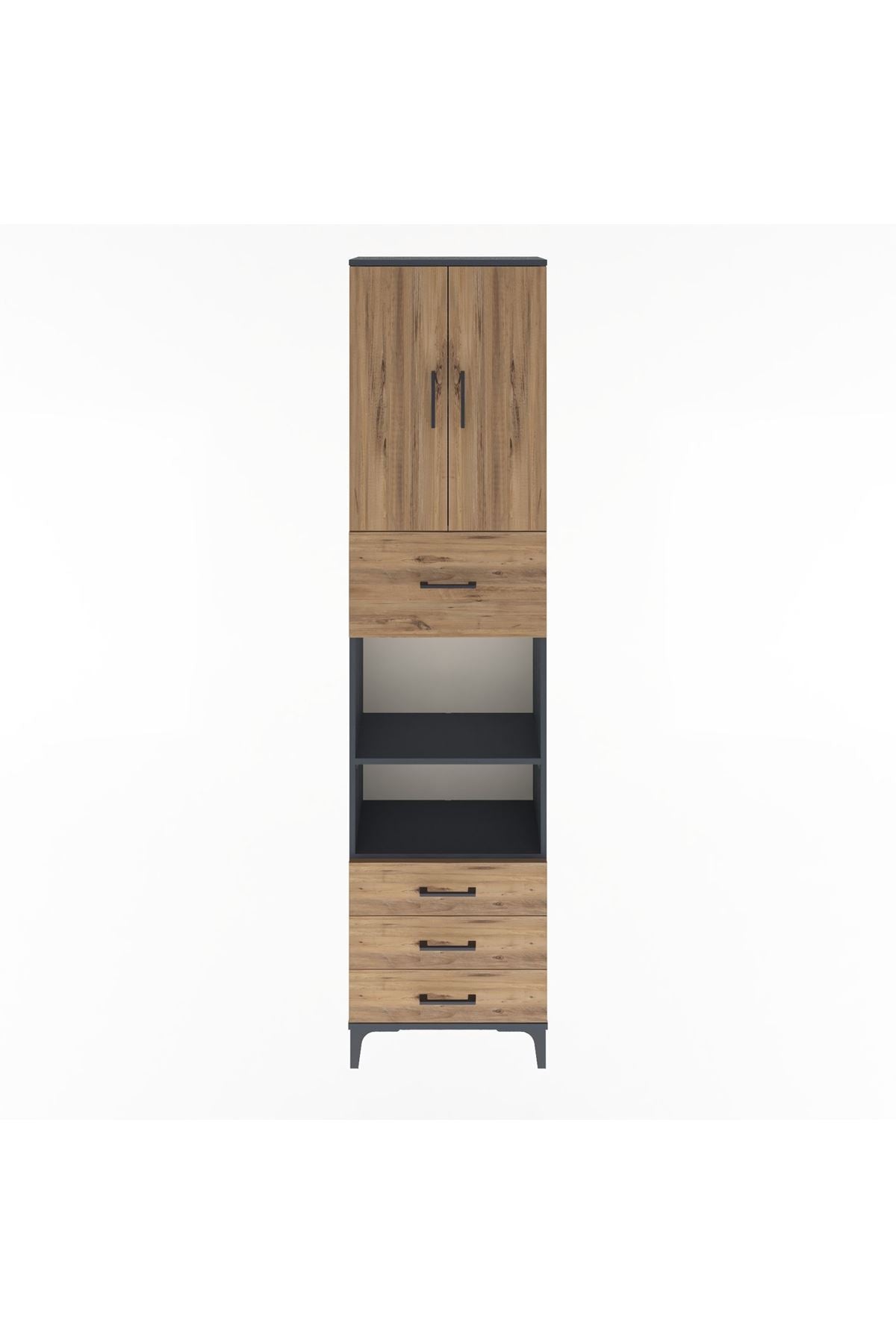 Arges Dolap 4 Raflı 4 Çekmeceli 2 Kapaklı 60x30x243 Antrasit-Çam