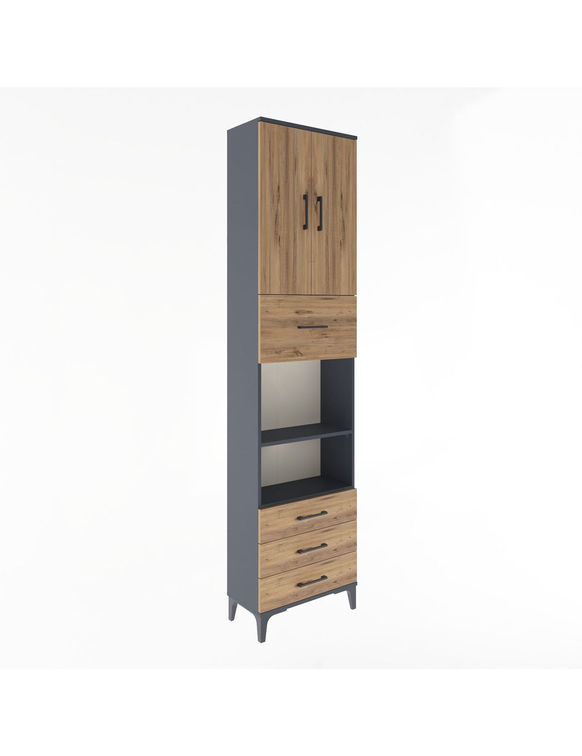 Arges Dolap 4 Raflı 4 Çekmeceli 2 Kapaklı 60x30x243 Antrasit-Çam