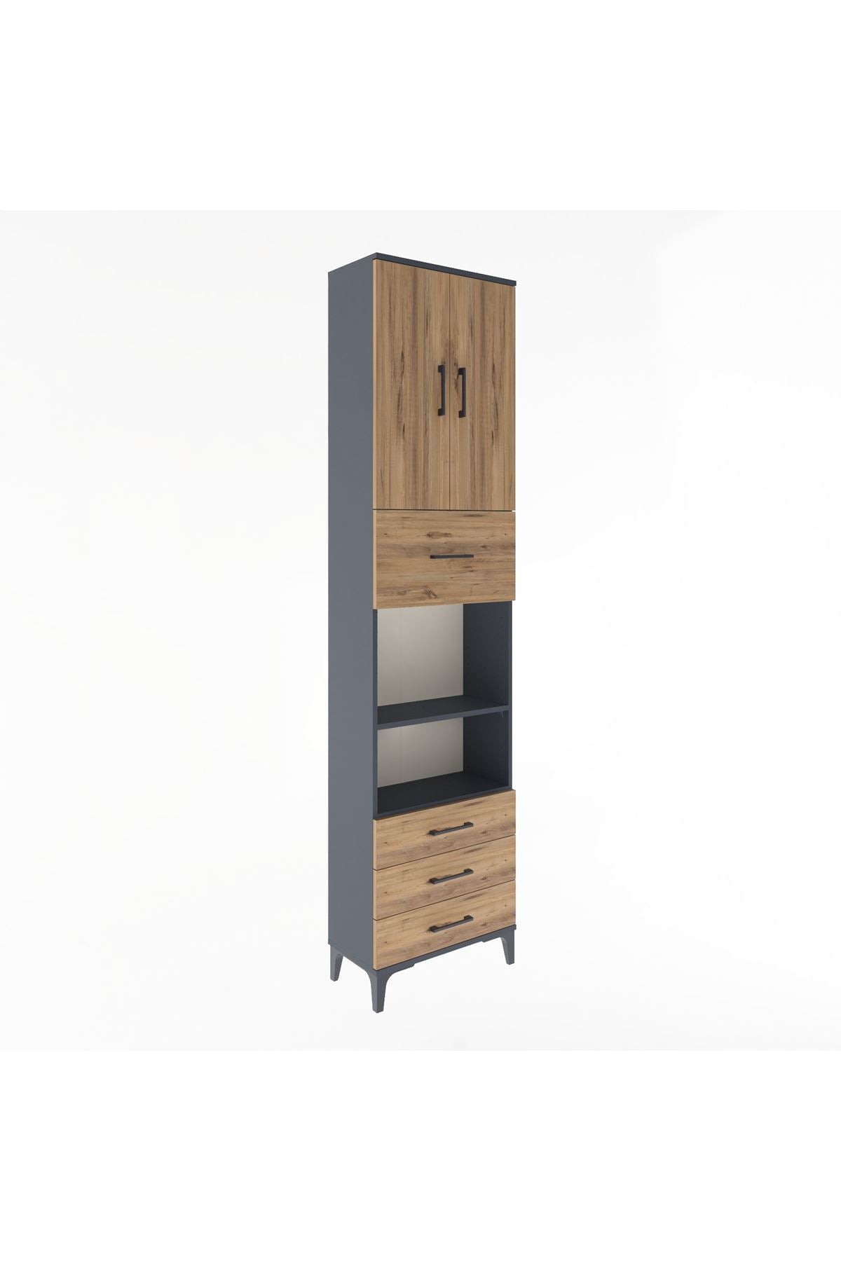 Arges Dolap 4 Raflı 4 Çekmeceli 2 Kapaklı 60x30x243 Antrasit-Çam