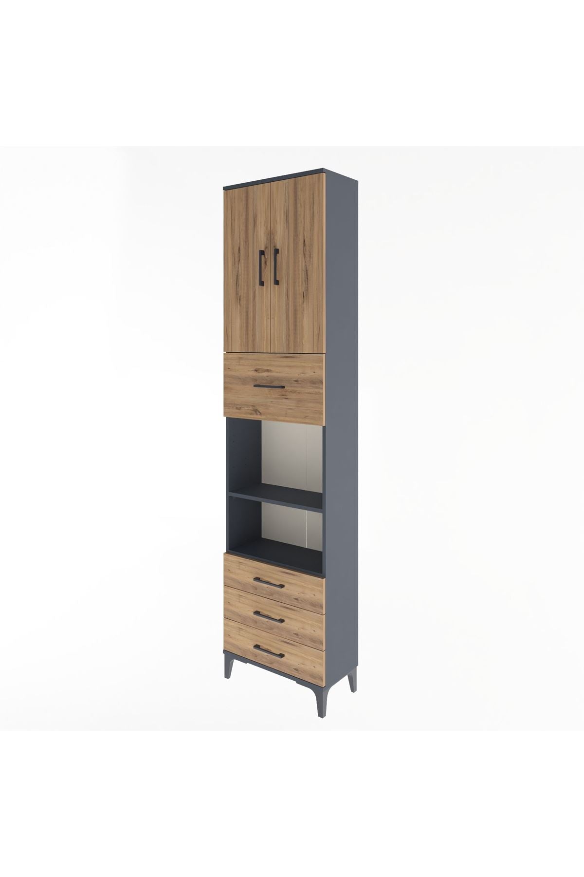 Arges Dolap 4 Raflı 4 Çekmeceli 2 Kapaklı 60x30x243 Antrasit-Çam