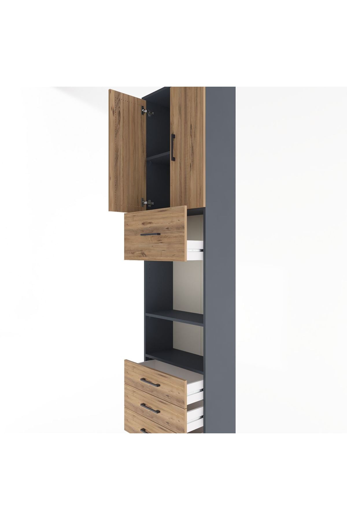 Arges Dolap 4 Raflı 4 Çekmeceli 2 Kapaklı 60x30x243 Antrasit-Çam