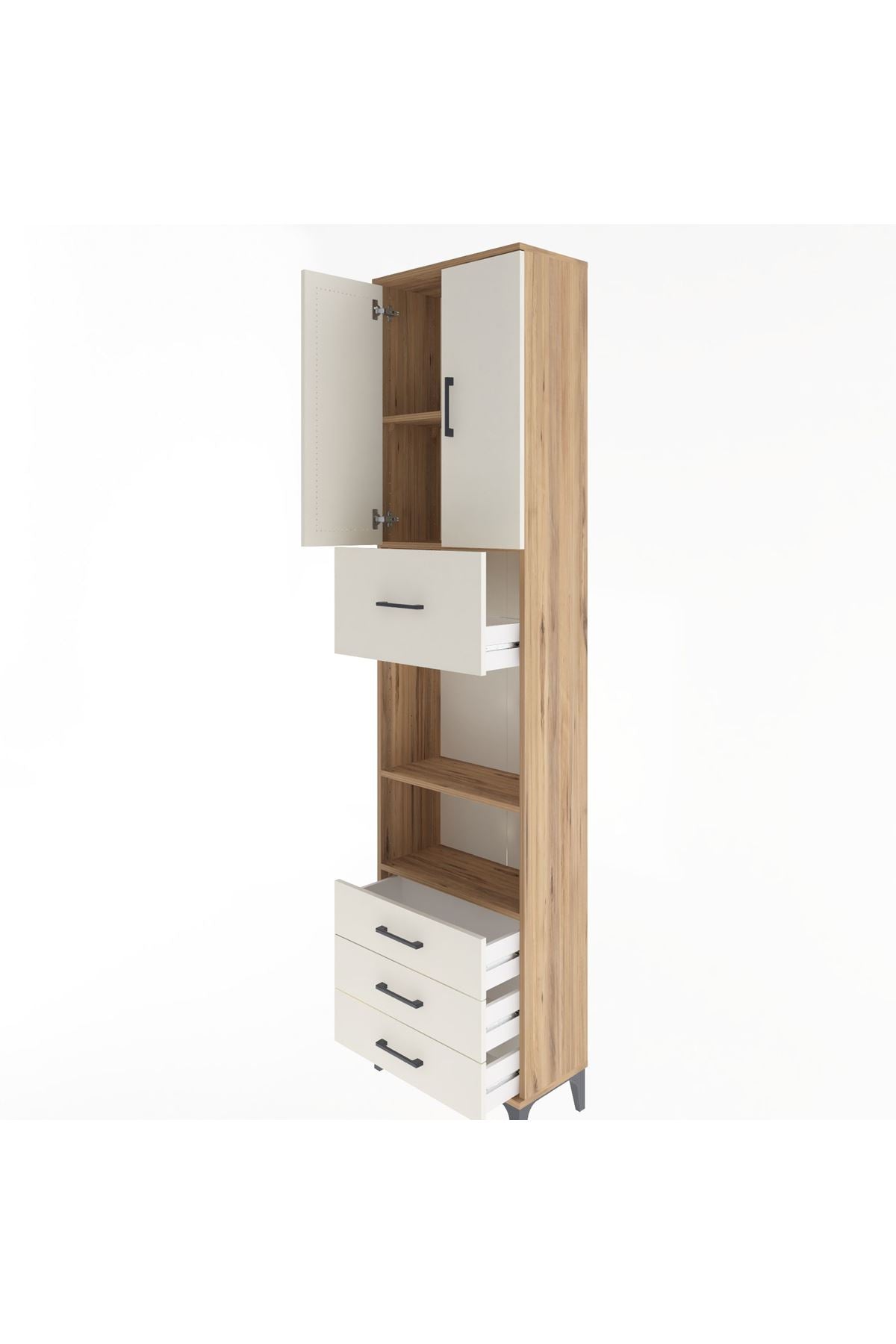 Arges Dolap 4 Raflı 4 Çekmeceli 2 Kapaklı 60x30x243 Çam-Aytaşı