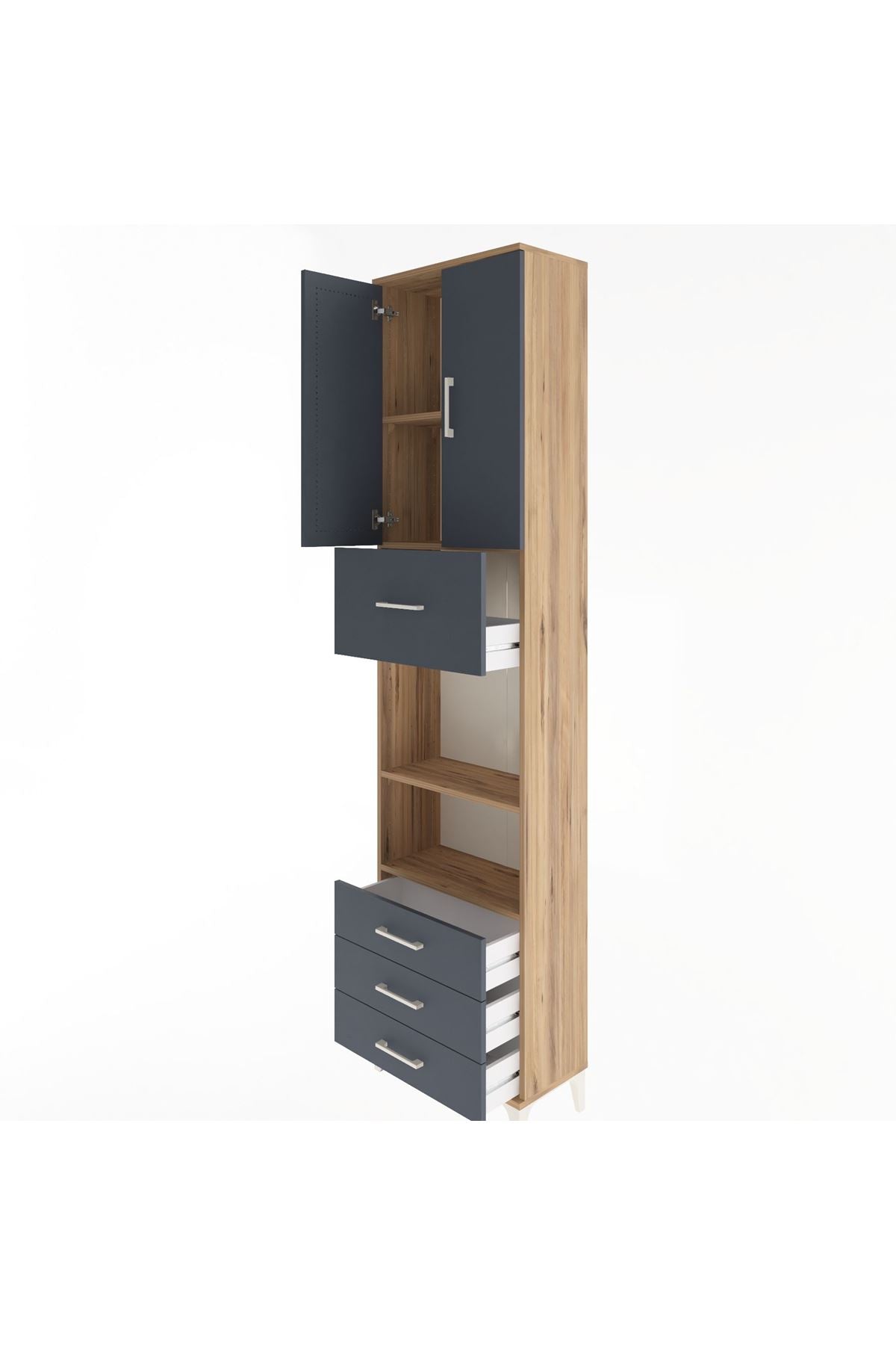 Arges Dolap 4 Raflı 4 Çekmeceli 2 Kapaklı 60x30x243 Çam-Antrasit