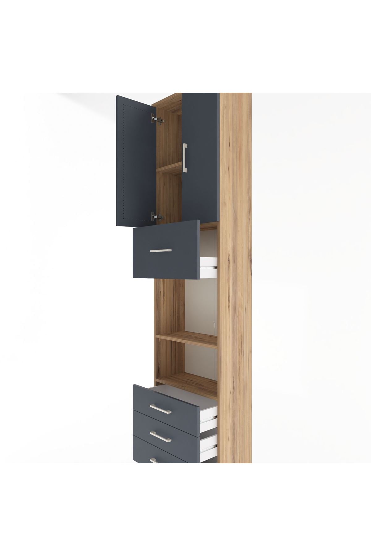 Arges Dolap 4 Raflı 4 Çekmeceli 2 Kapaklı 60x30x243 Çam-Antrasit