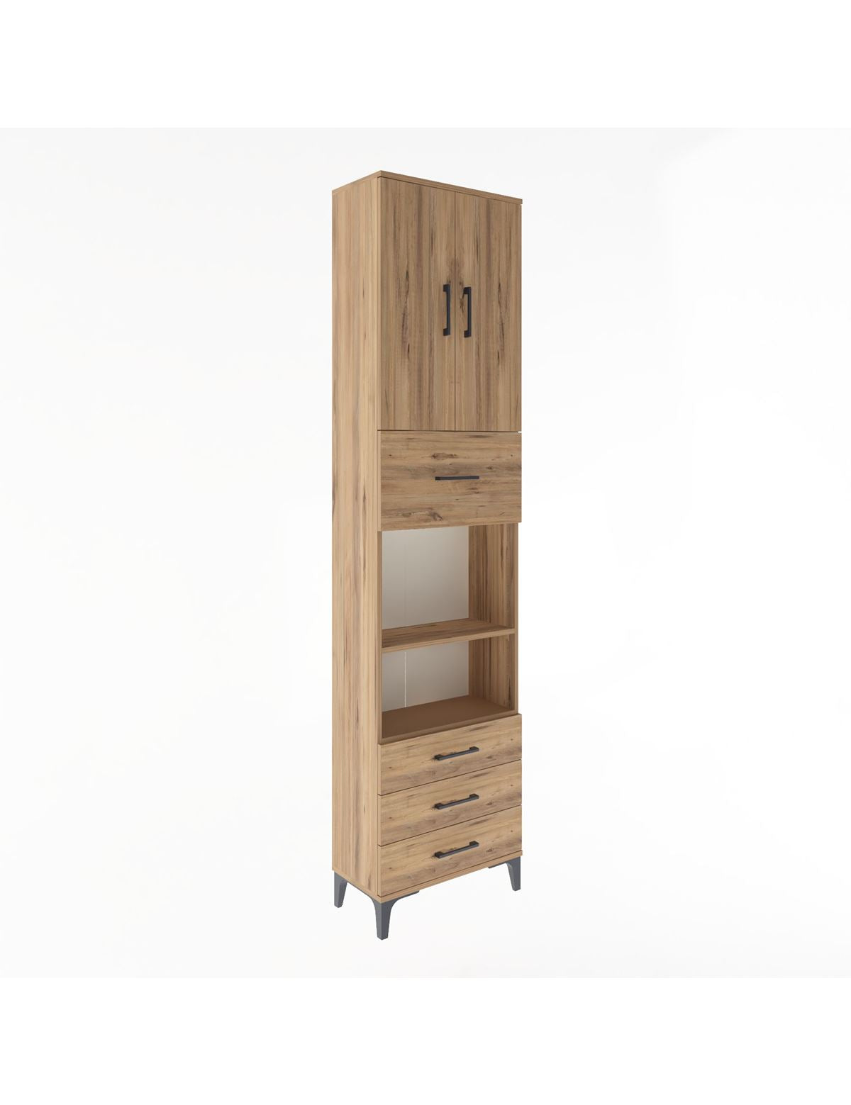 Arges Dolap 4 Raflı 4 Çekmeceli 2 Kapaklı 60x30x243 Çam-Çam