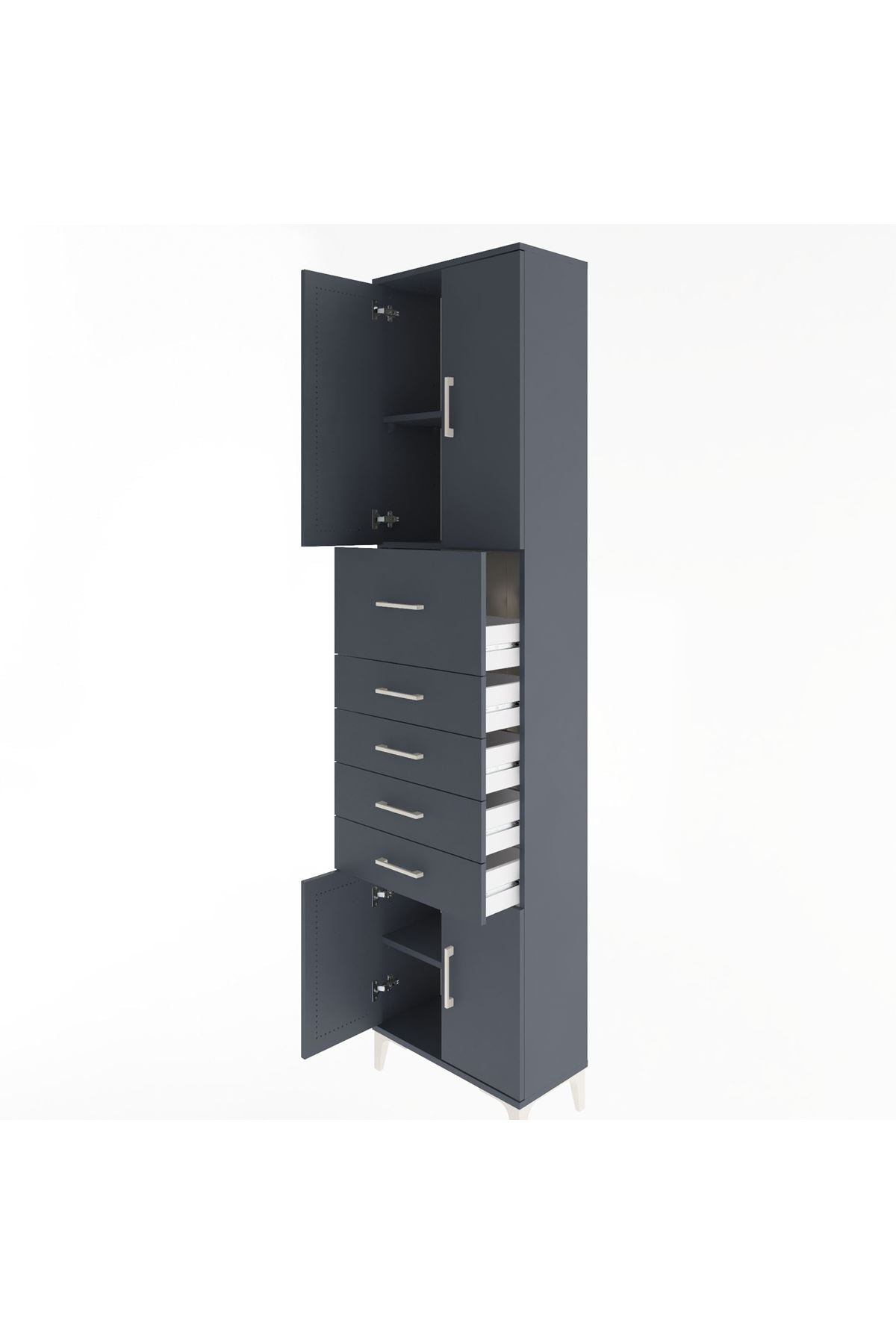 Arges Dolap 3 Raflı 5 Çekmeceli 4 Kapaklı 60x30x243 Antrasit-Antrasit
