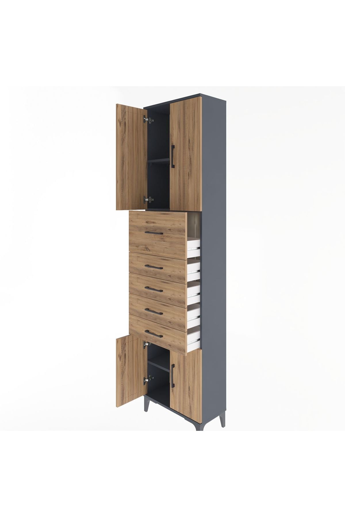 Arges Dolap 3 Raflı 5 Çekmeceli 4 Kapaklı 60x30x243 Antrasit-Çam