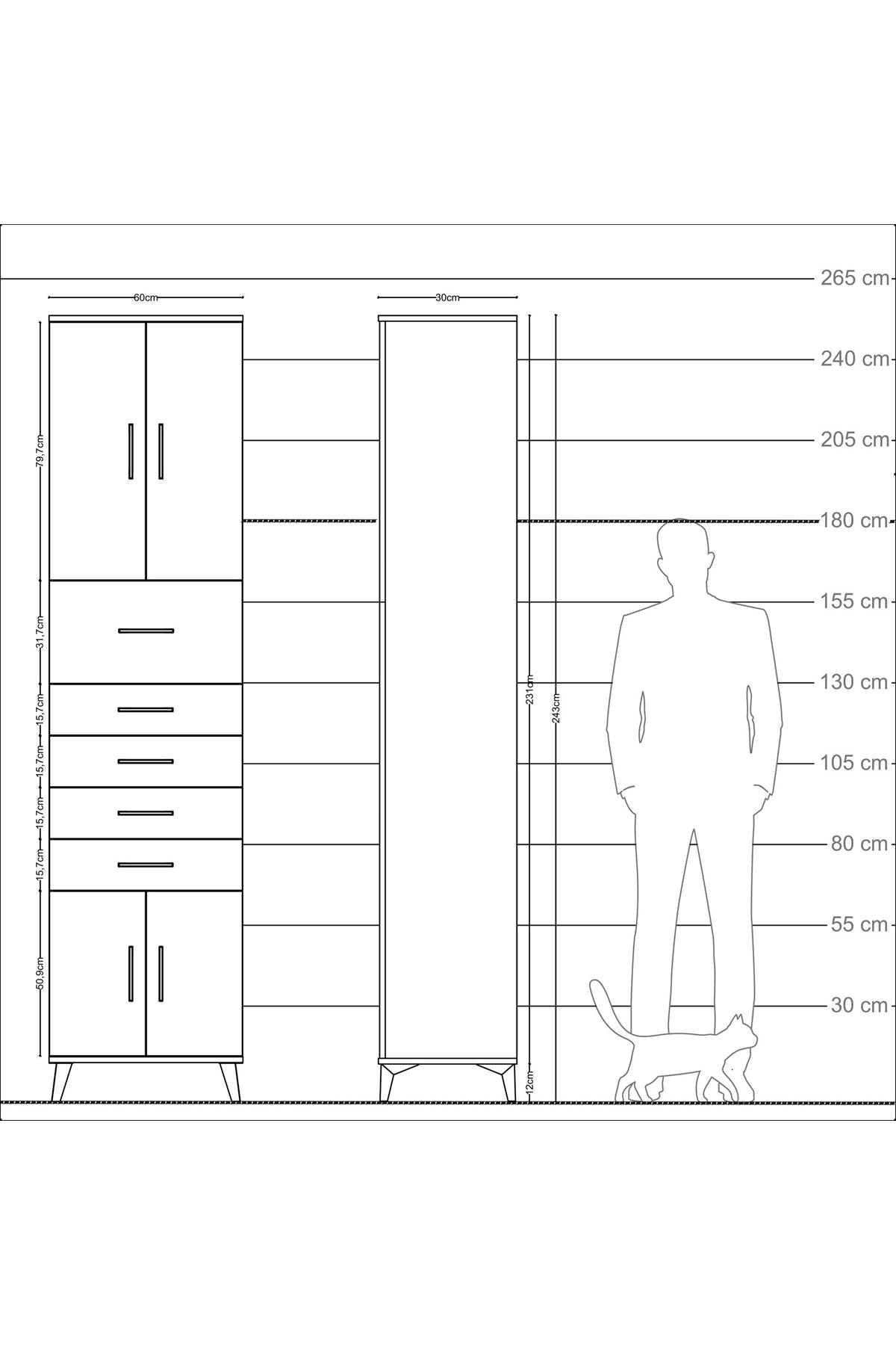 Arges Dolap 3 Raflı 5 Çekmeceli 4 Kapaklı 60x30x243 Çam-Aytaşı