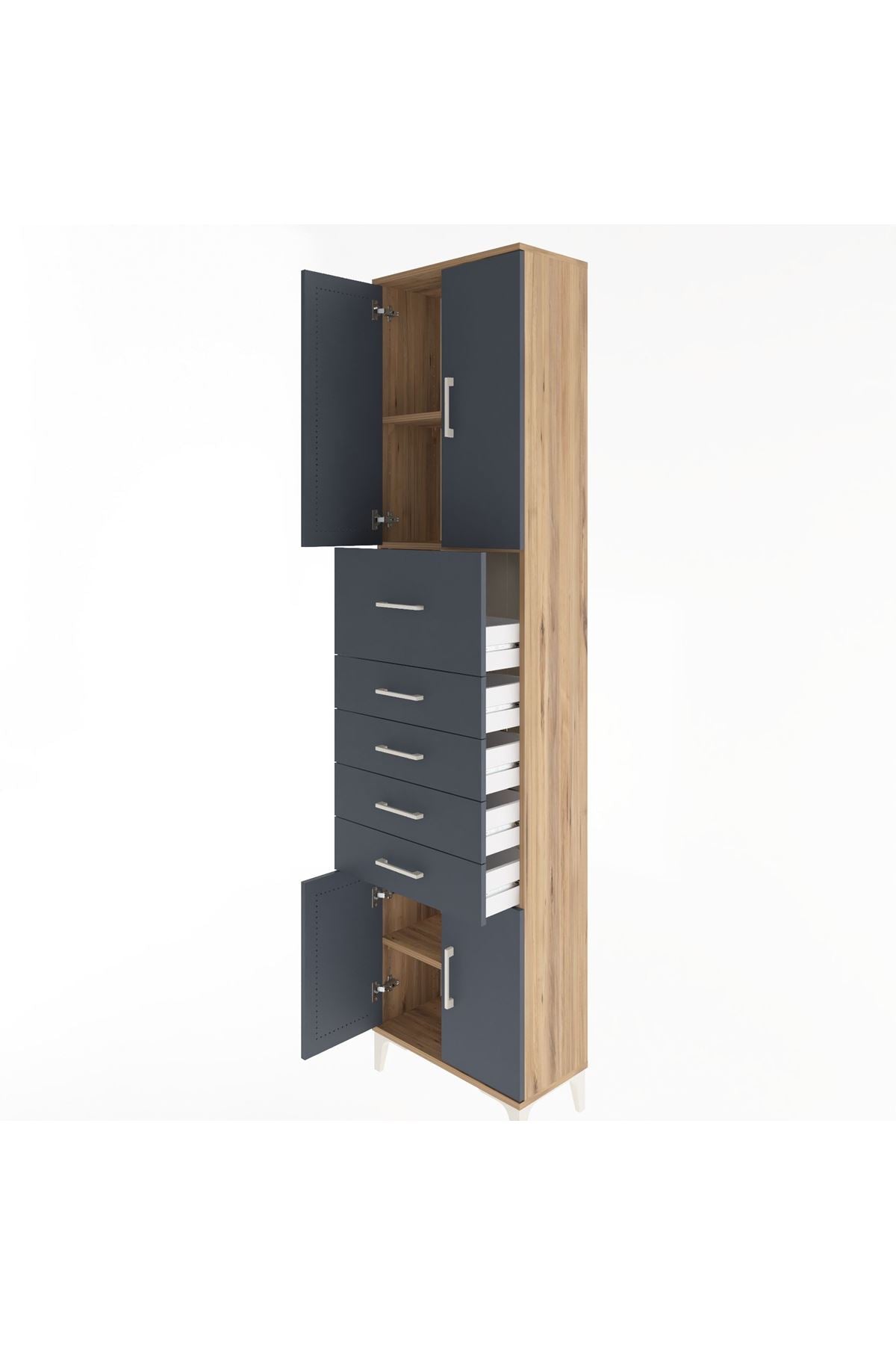 Arges Dolap 3 Raflı 5 Çekmeceli 4 Kapaklı 60x30x243 Çam-Antrasit