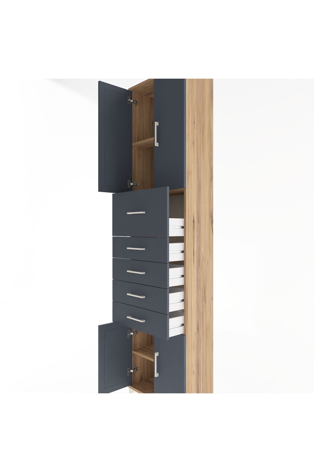 Arges Dolap 3 Raflı 5 Çekmeceli 4 Kapaklı 60x30x243 Çam-Antrasit