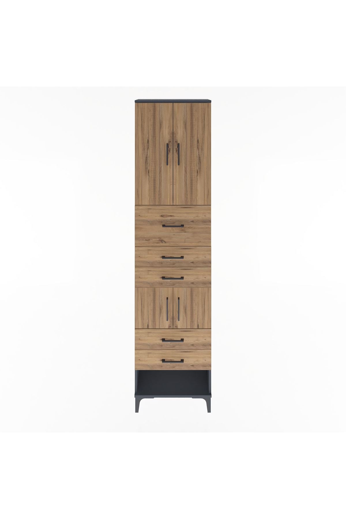 Arges Dolap 3 Raflı 5 Çekmeceli 4 Kapaklı 60x30x243 Antrasit-Çam