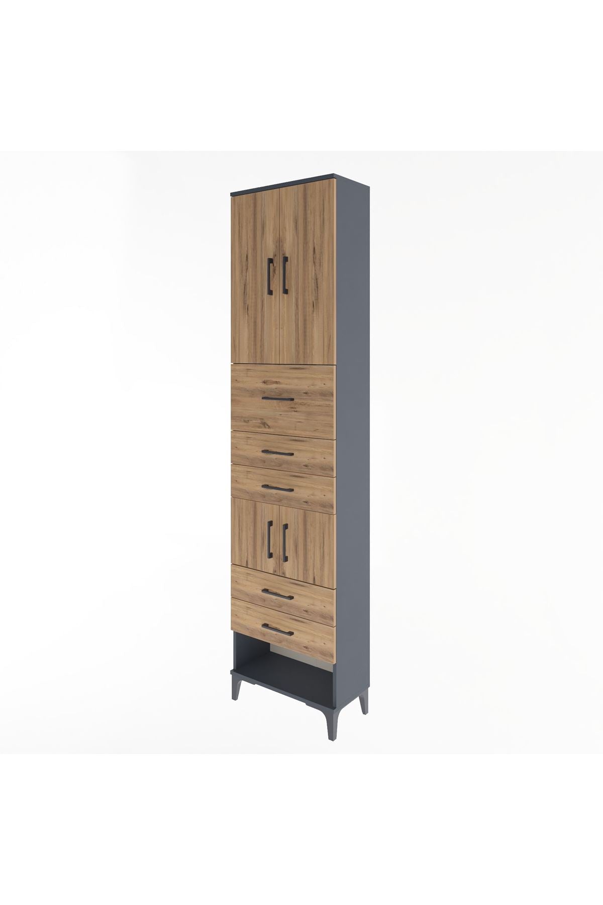 Arges Dolap 3 Raflı 5 Çekmeceli 4 Kapaklı 60x30x243 Antrasit-Çam