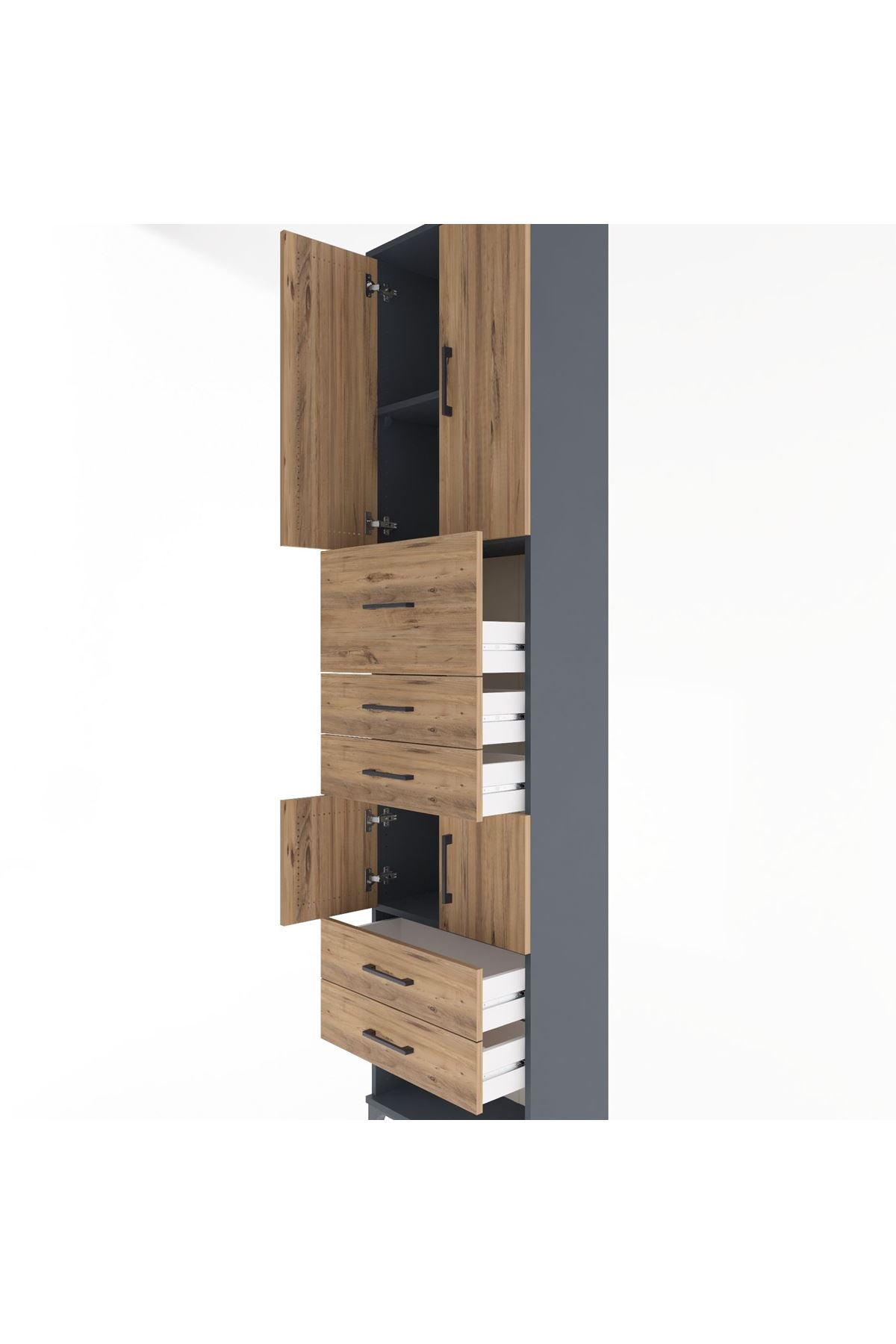 Arges Dolap 3 Raflı 5 Çekmeceli 4 Kapaklı 60x30x243 Antrasit-Çam