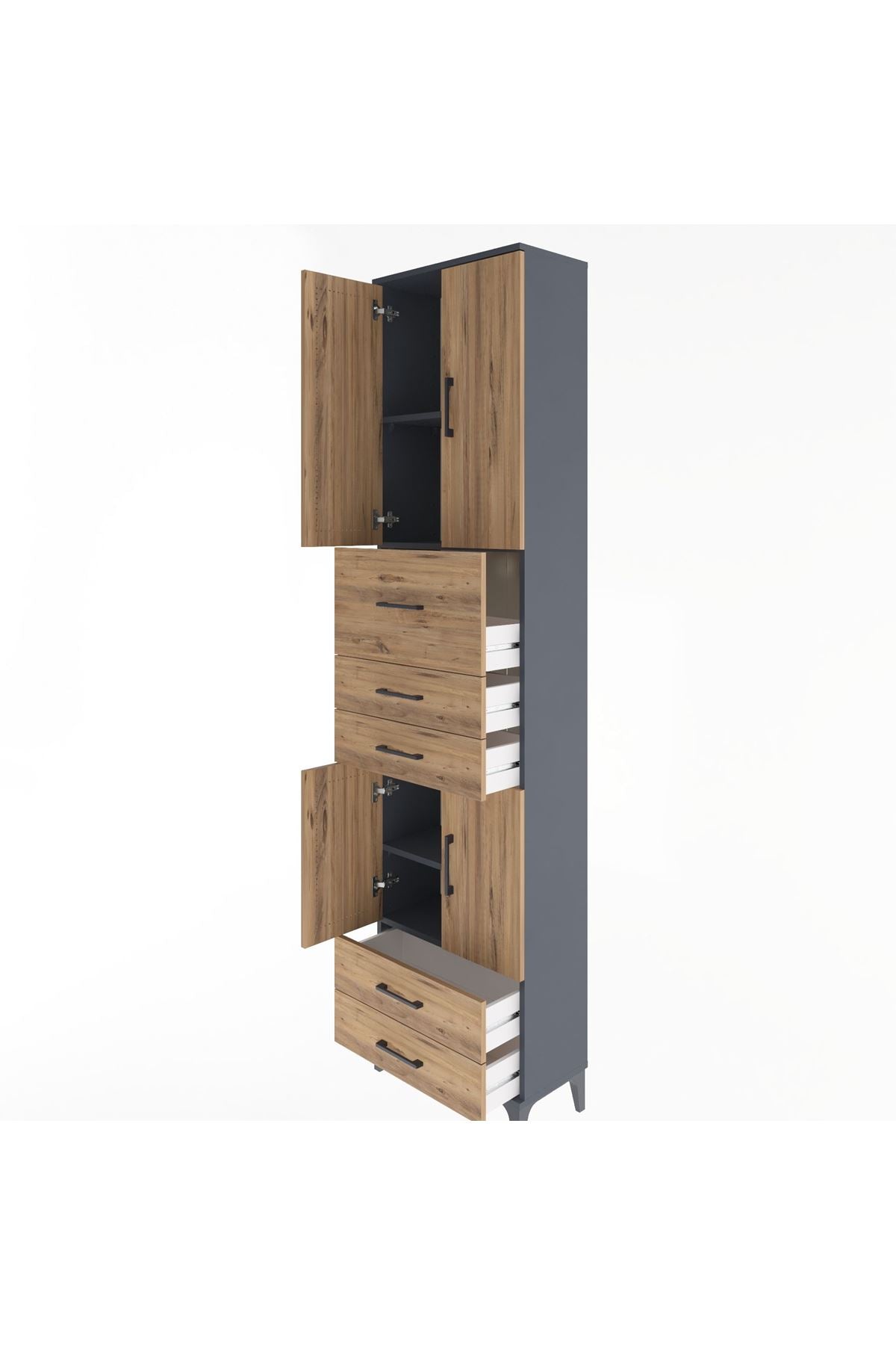 Arges Dolap 4 Raflı 5 Çekmeceli 4 Kapaklı 60x30x243 Antrasit-Çam