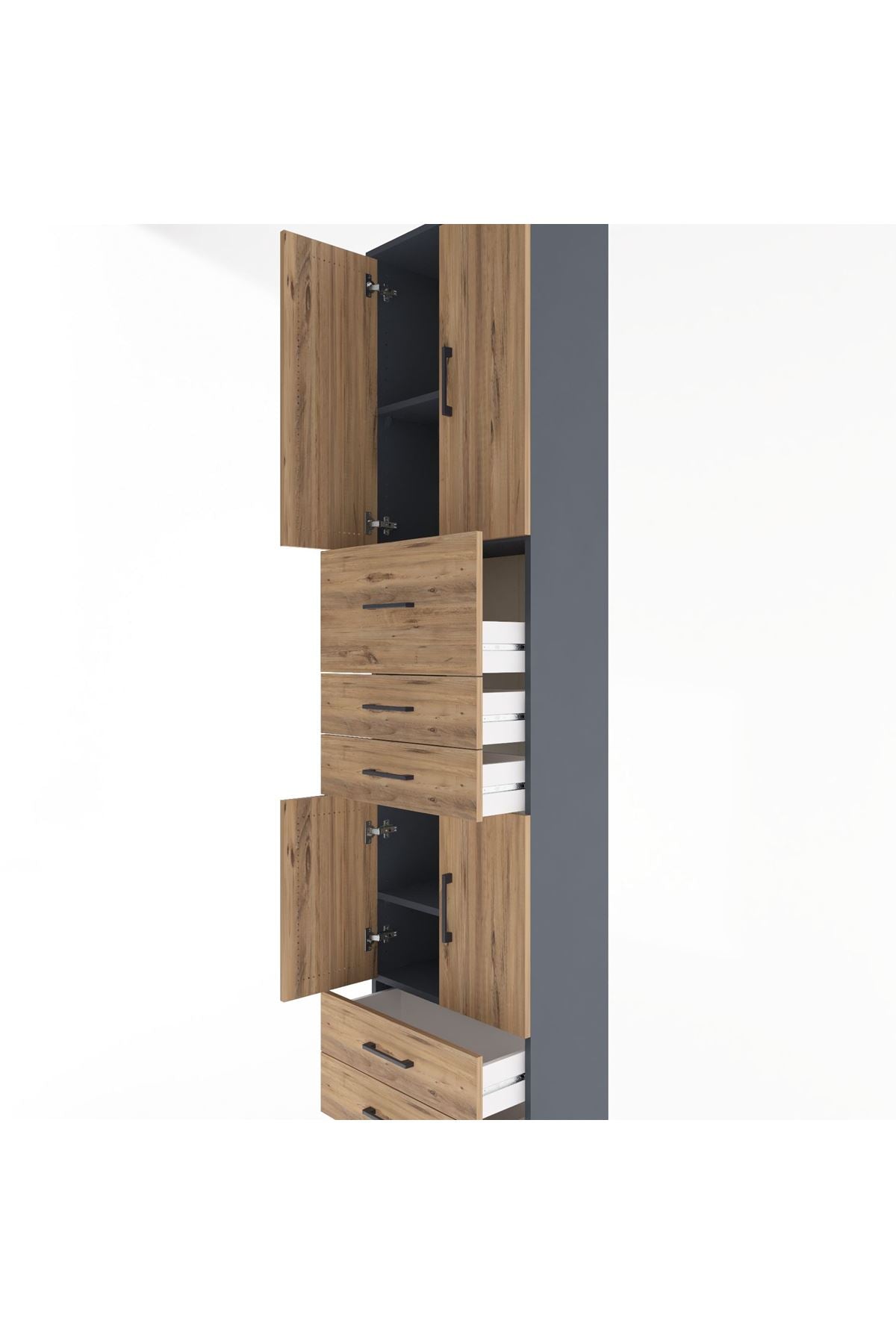 Arges Dolap 4 Raflı 5 Çekmeceli 4 Kapaklı 60x30x243 Antrasit-Çam