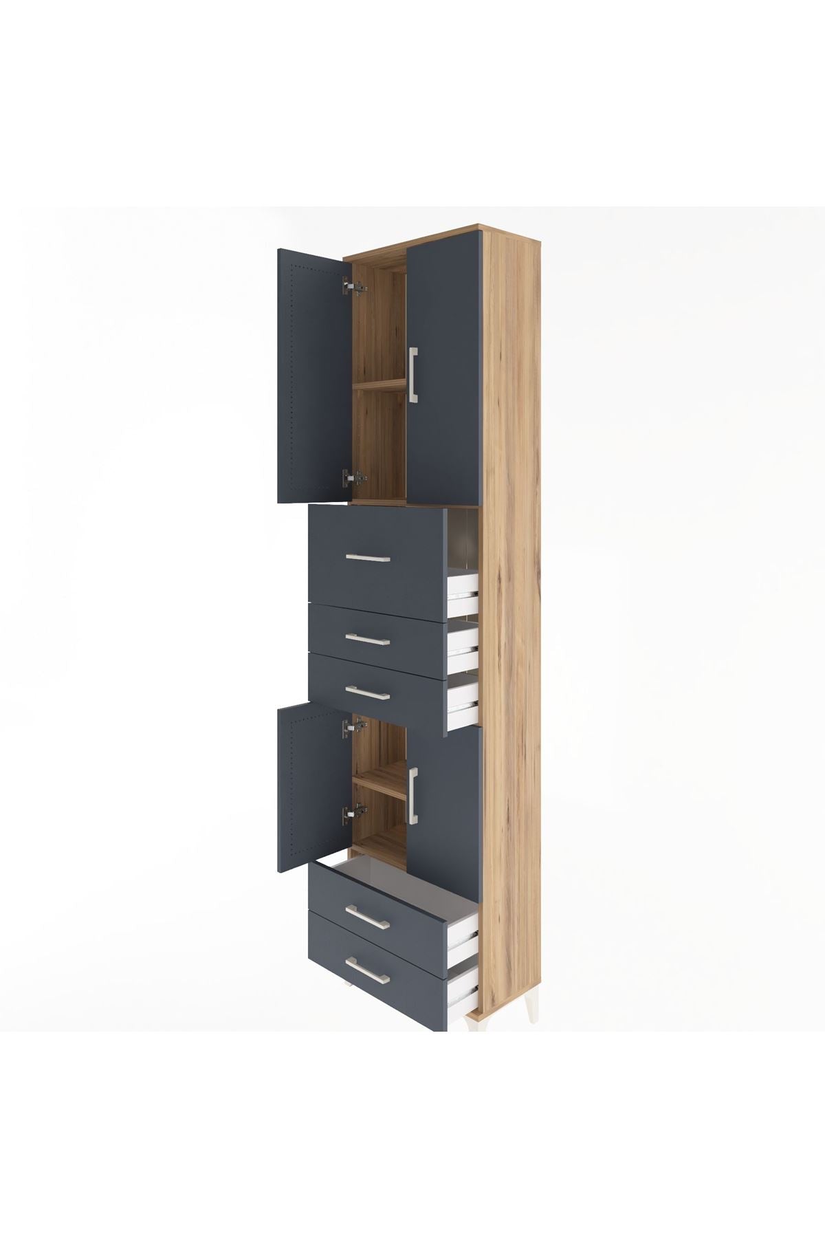 Arges Dolap 4 Raflı 5 Çekmeceli 4 Kapaklı 60x30x243 Çam-Antrasit